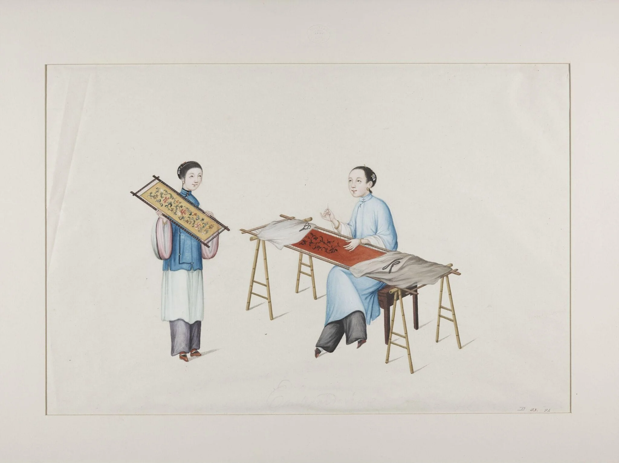 Two Female Embroiderers, by Unknown, paint, 1882