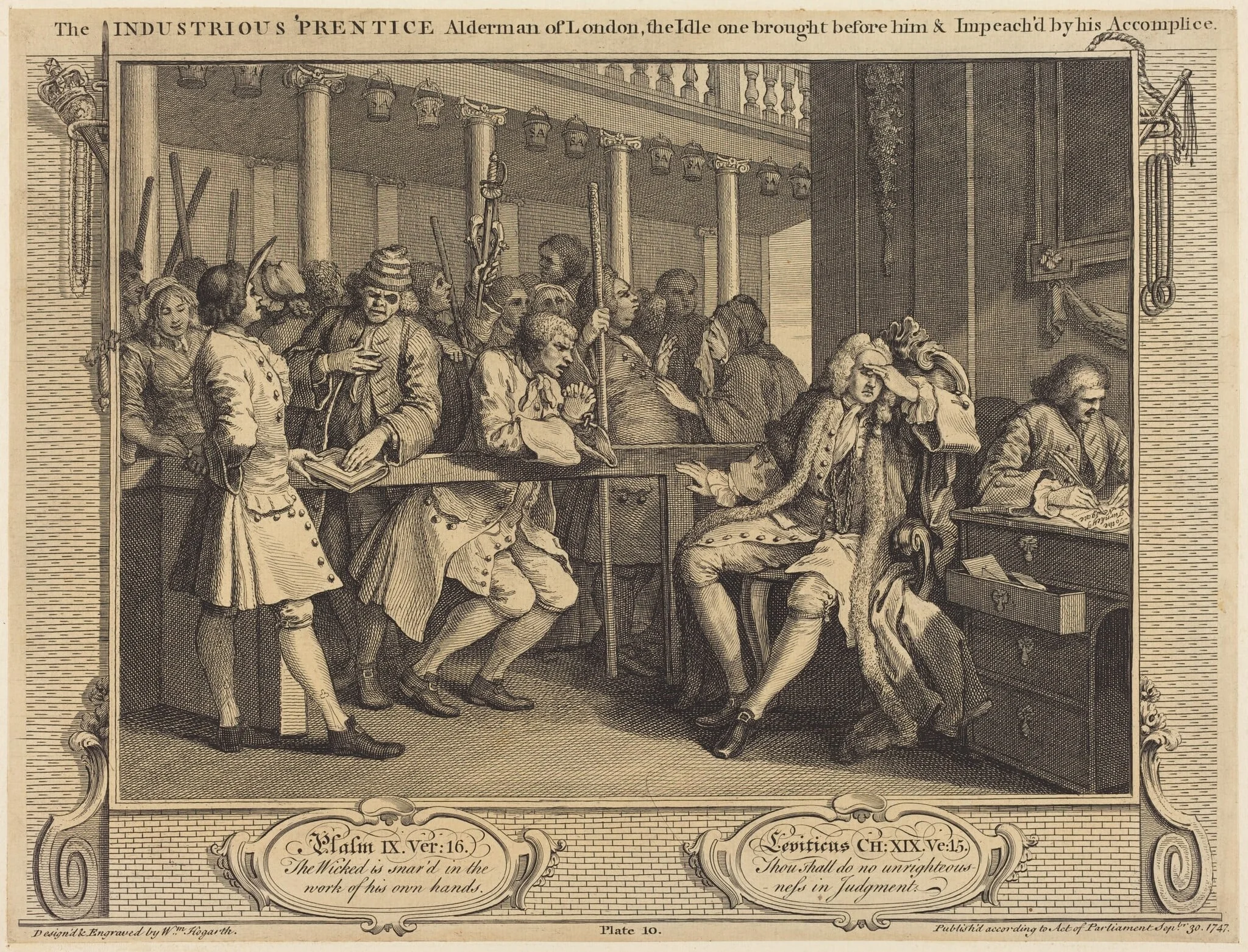 The Industrious 'Prentice Alderman of London,the Idle one brought before him & impea ch'd by his Accomplice, by William Hogarth, ink, 1747