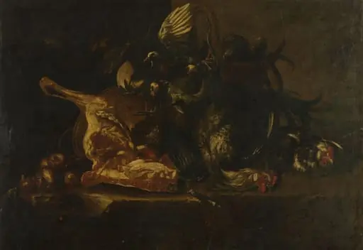 Still life with meat and dead birds