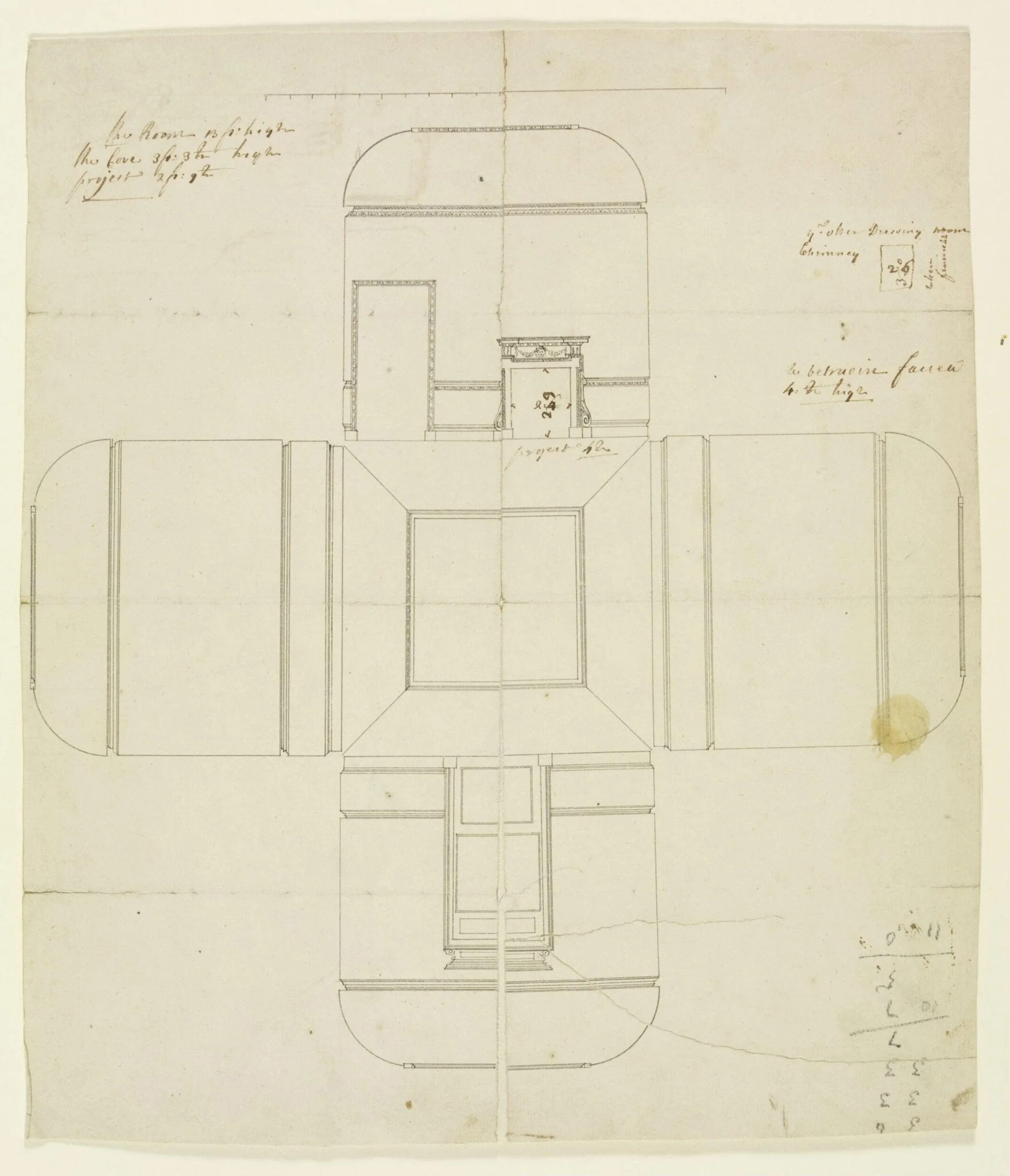 Elevations of the interior walls of Combe Bank, by Roger Morris, 1728