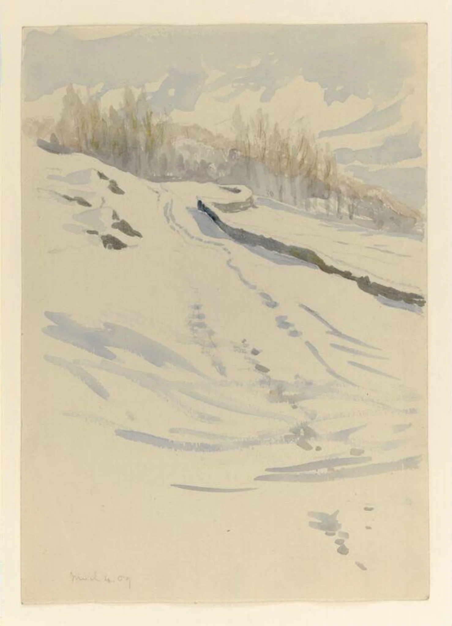Snow scene with fields and a line of trees