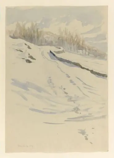 Snow scene with fields and a line of trees