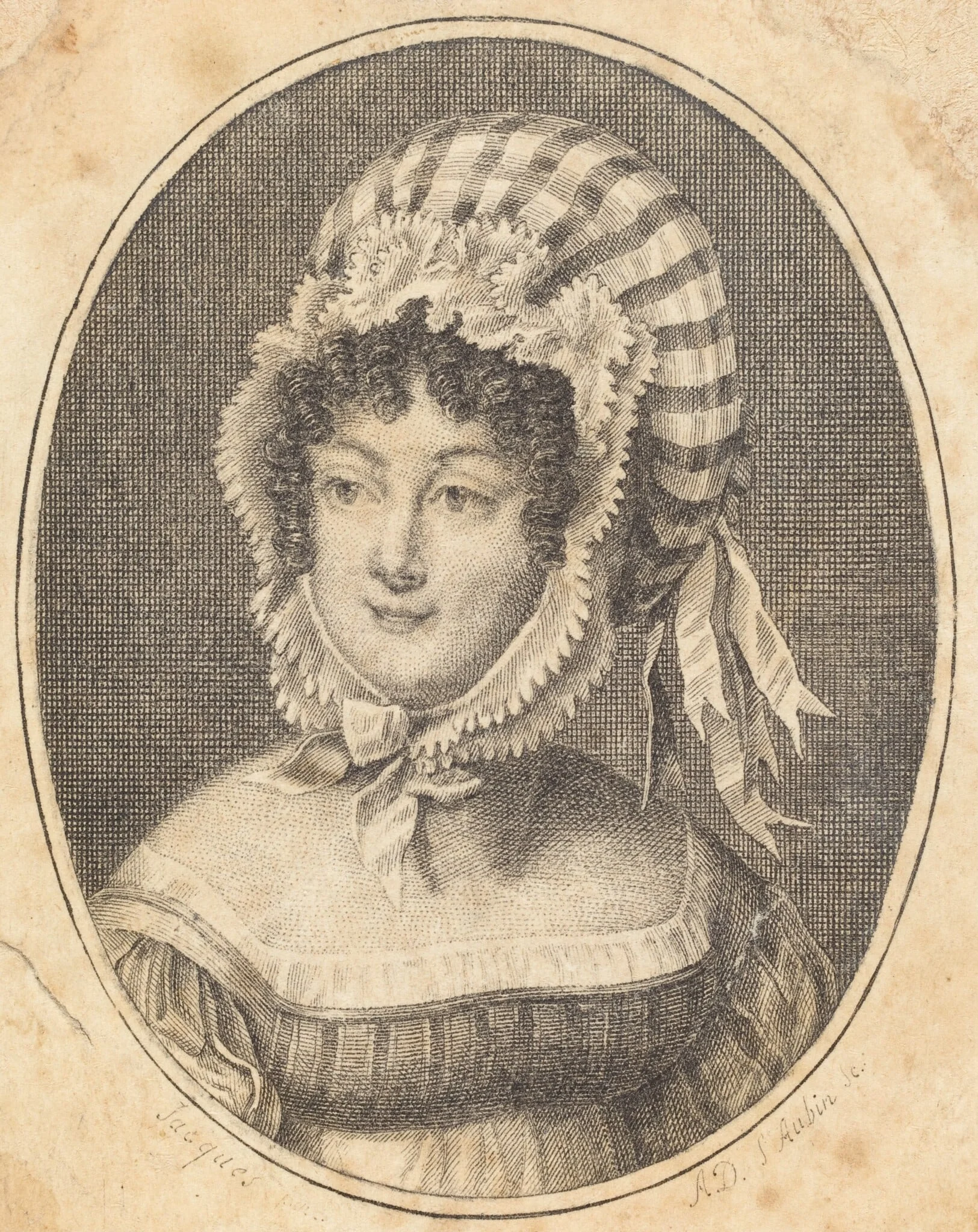 Head of a Woman Wearing a Striped Bonnet, by Augustin de Saint-Aubin, ink, 1811