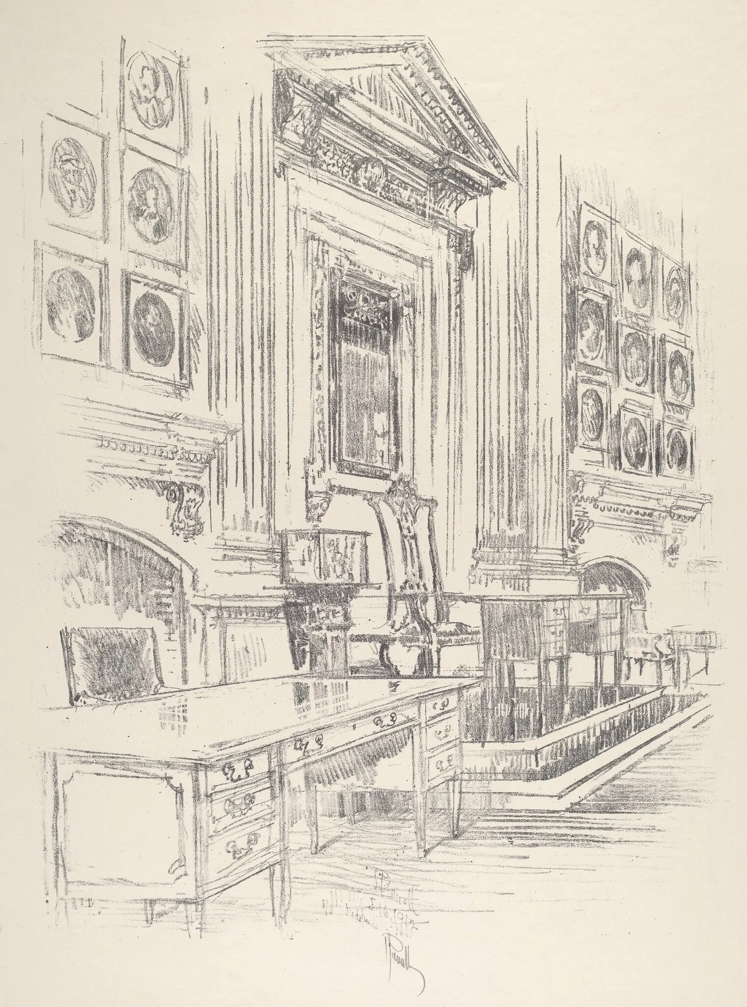 Table and Chair, Signers' Room, Independence Hall, by Joseph Pennell, ink, 1912