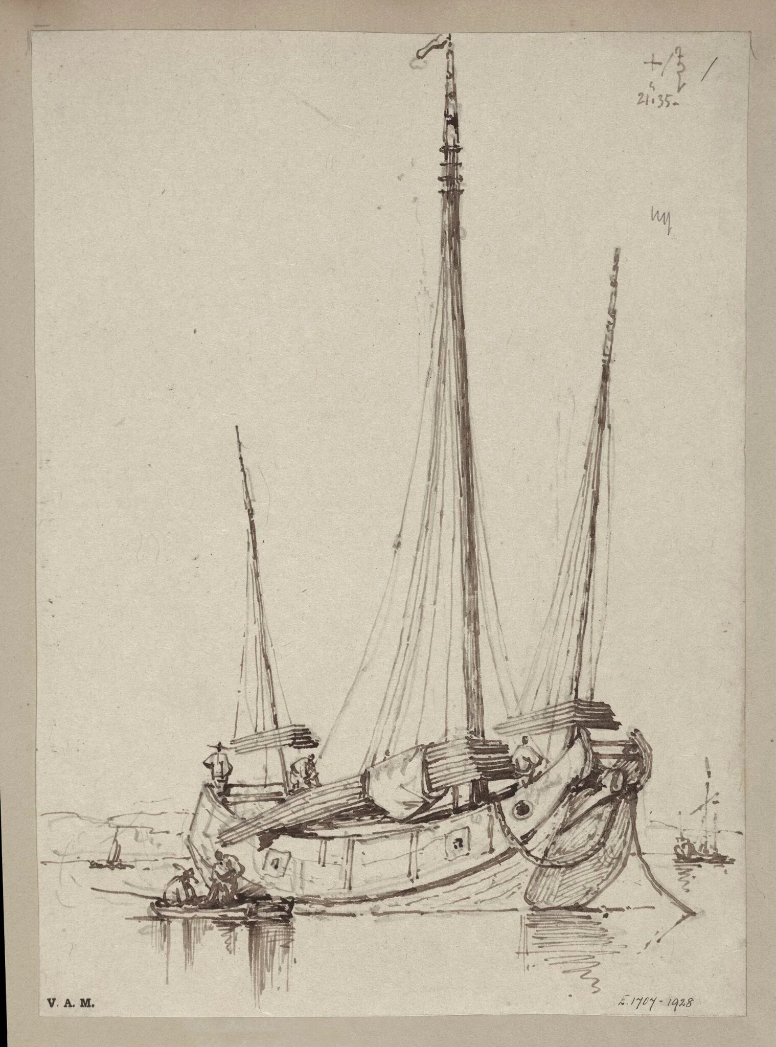 A junk  hauling planks aboard
