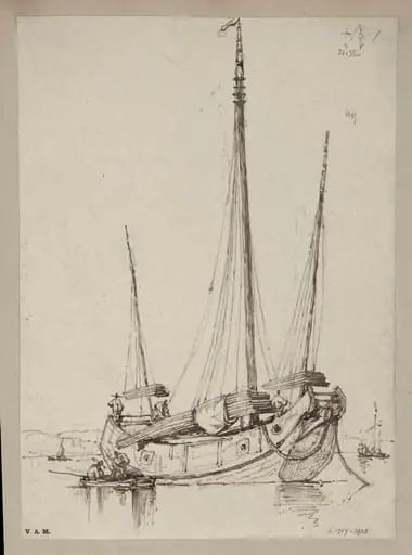 A junk  hauling planks aboard