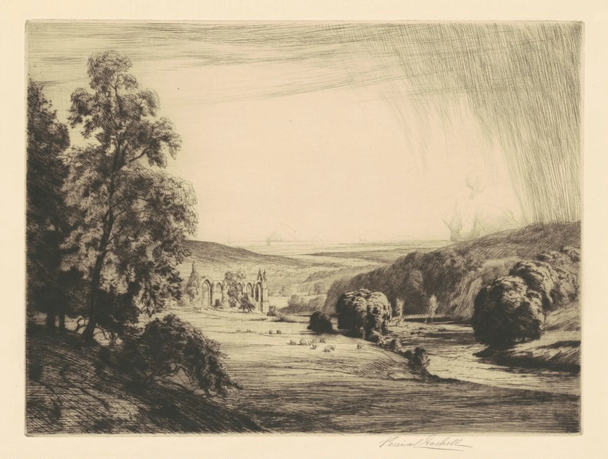 Bolton Abbey, by Percival Gaskell, ink, 1900