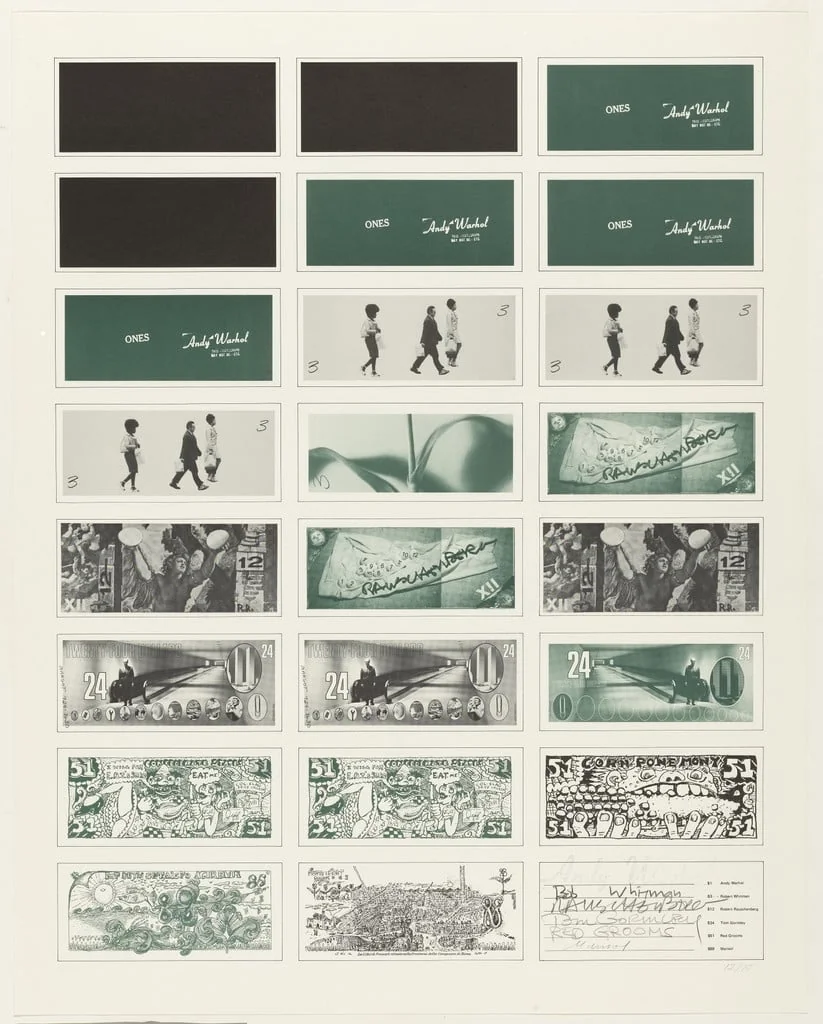 Untitled, by Robert Rauschenberg, Red Grooms, Andy Warhol, Tom Gormley, Marisol (Marisol Escobar), Various Artists Robert Whitman, ink, 1971