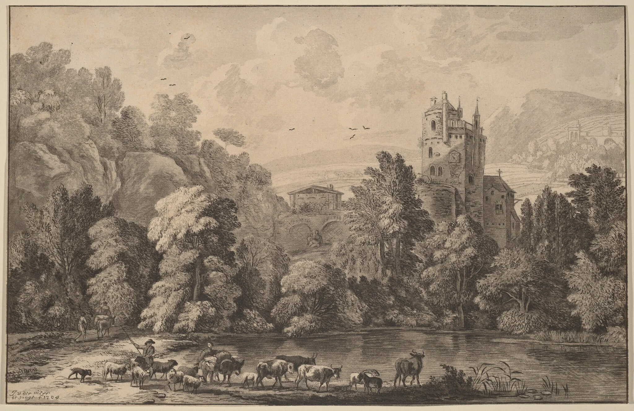 Valley with an Aged Castle, by Jacobus Buys, chalk, 1784