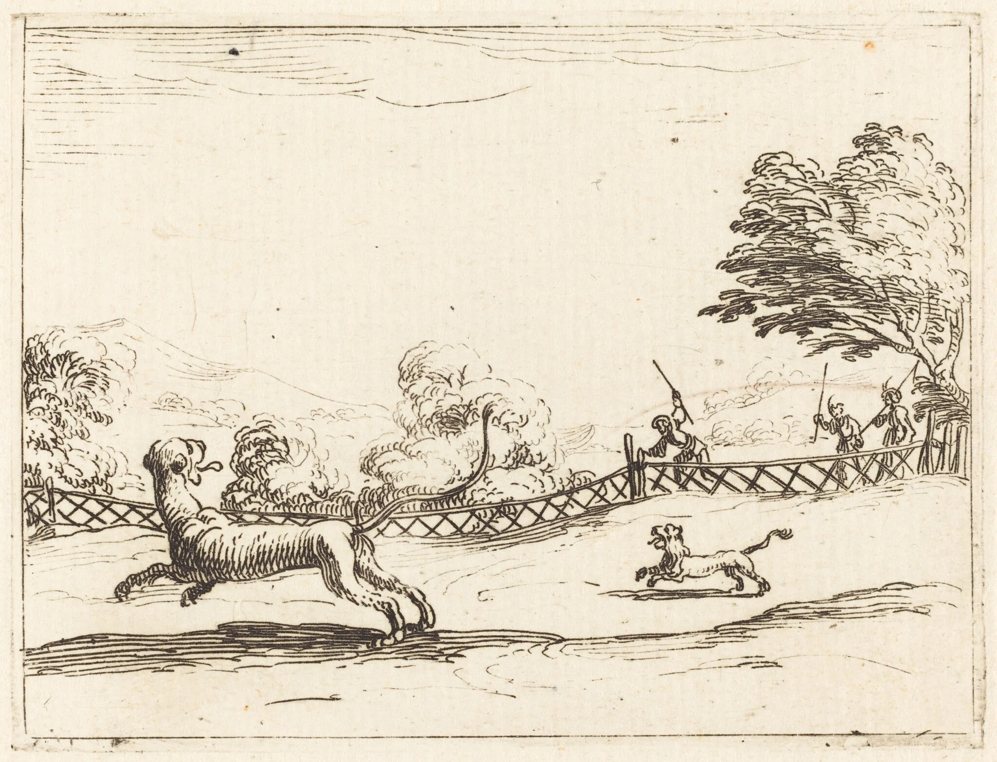 Lioness and Cub Pursued by Hunters, by Jacques Callot, ink, 1628