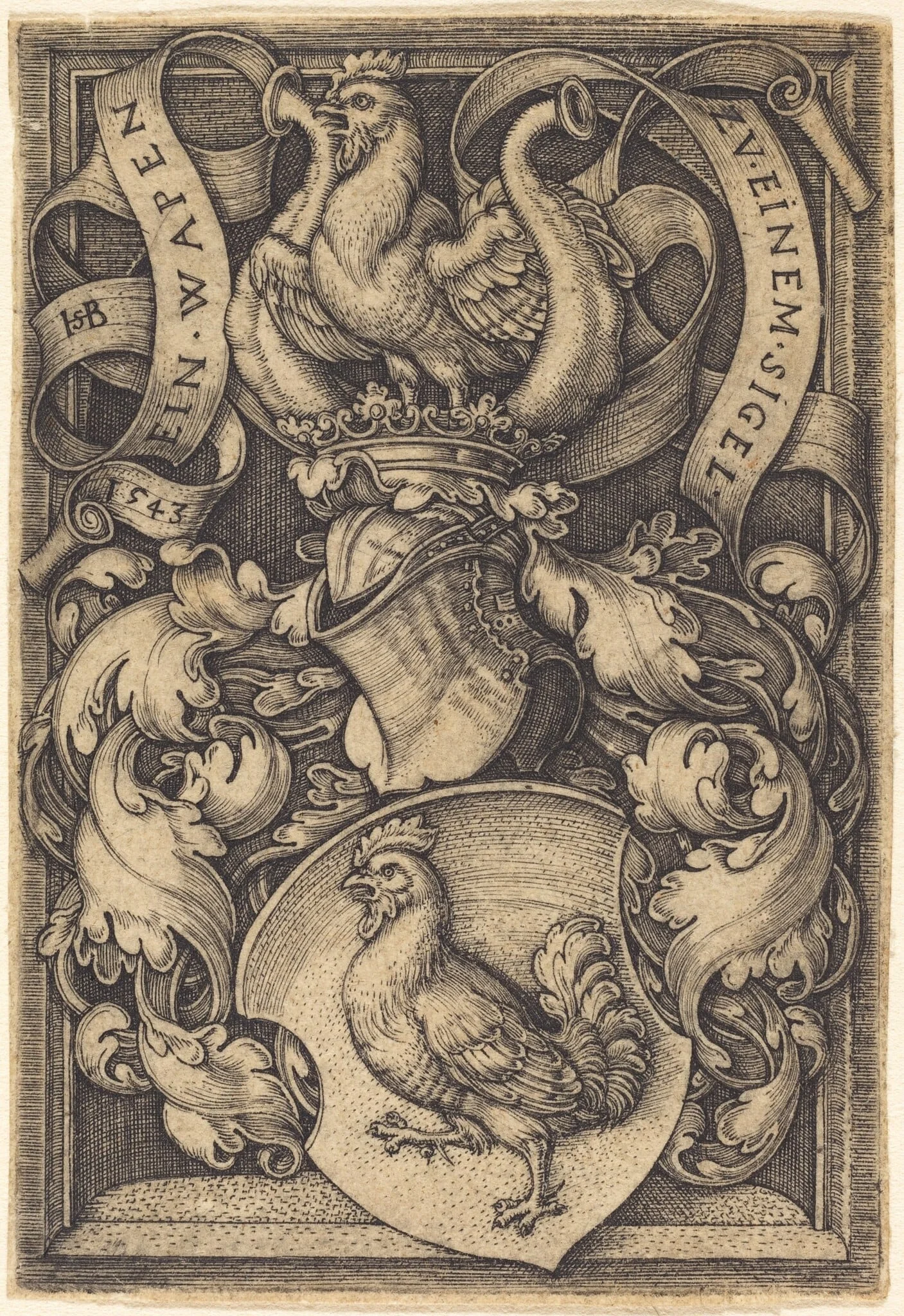 Coat of Arms with a Cock, by Sebald Beham, ink, 1543