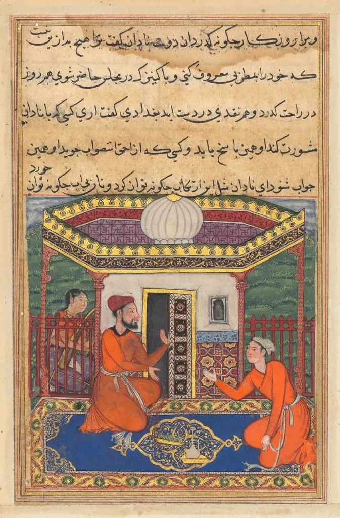 The young man of Baghdad solicits advice from a friend as his slave girl, who is adept at music, awaits, from a Tuti-nama (Tales of a Parrot): Forty-eighth Night