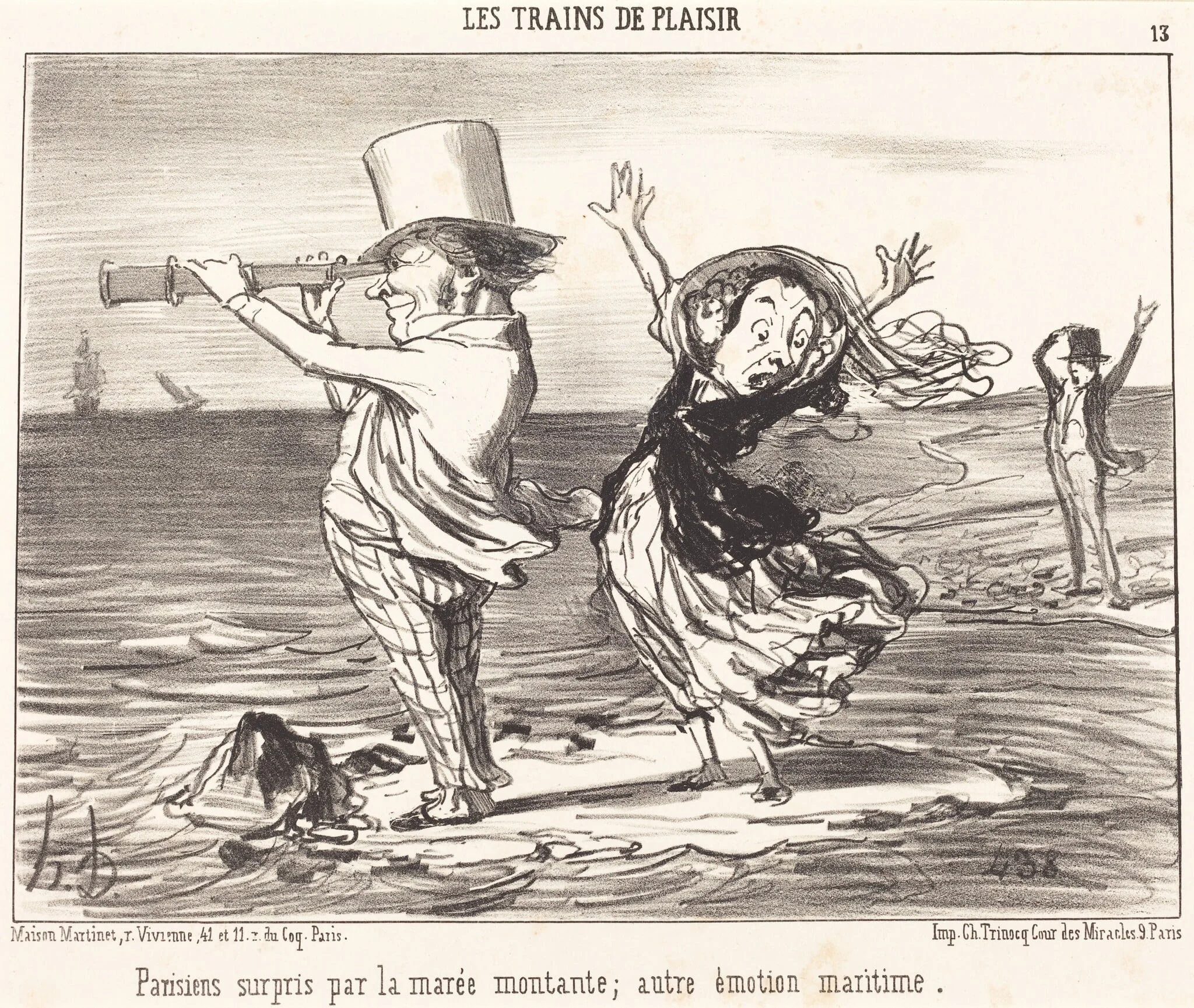 Parisiens surpris par la marée..., by Honoré Daumier, ink, 1852
