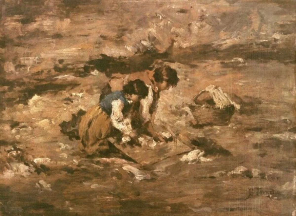 Femei spălând rufe la râu, by Giacomo Favretto, unspecified