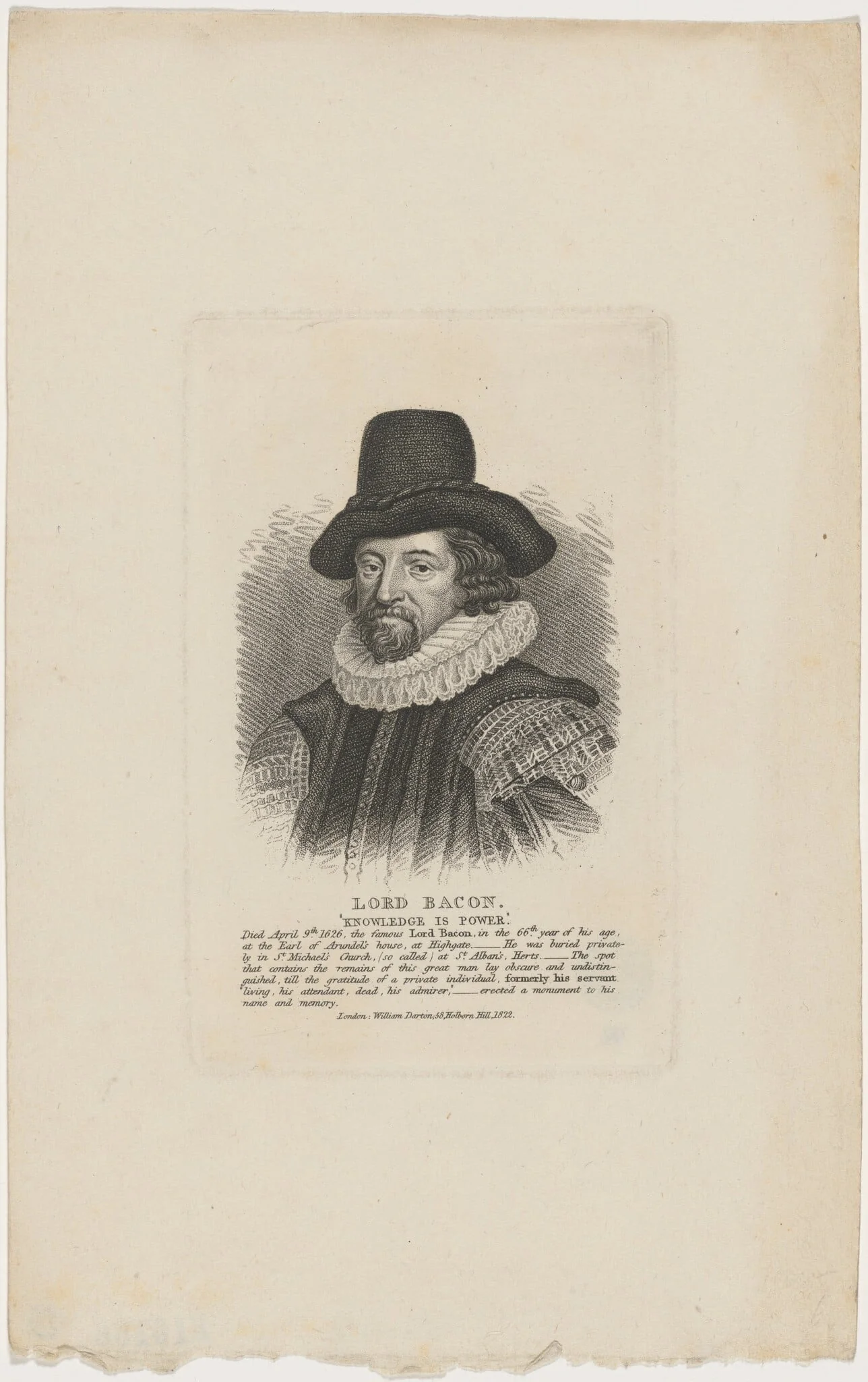 Lord Bacon, "Knowledge is Power", by Unknown 19th Century, ink, 1822