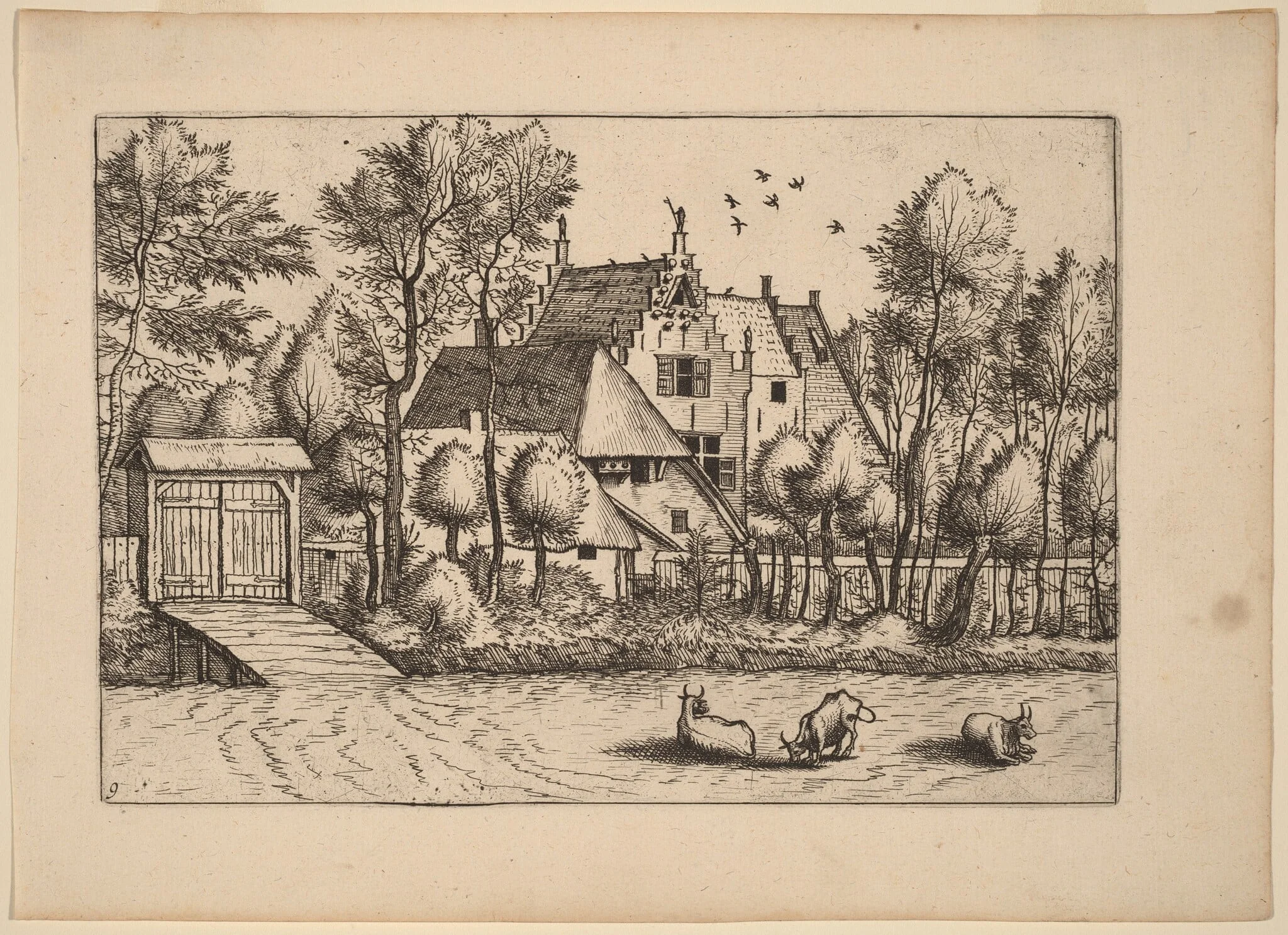 Country House with a Ditch, by Johannes van Doetechum the Elder, ink, 1676