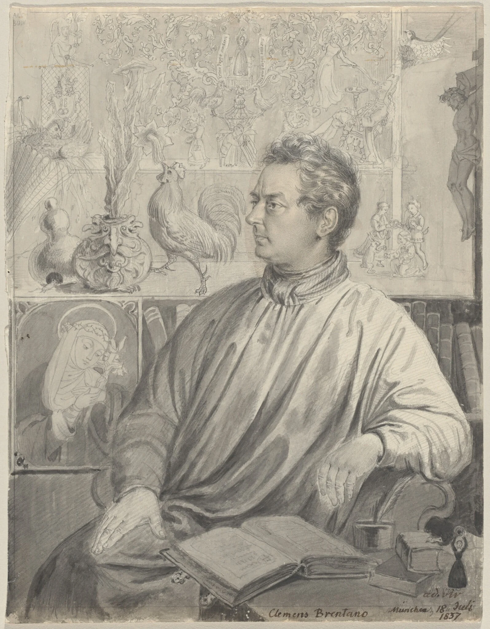 Clemens Brentano, by Ludwig Emil Grimm, ink, 1837