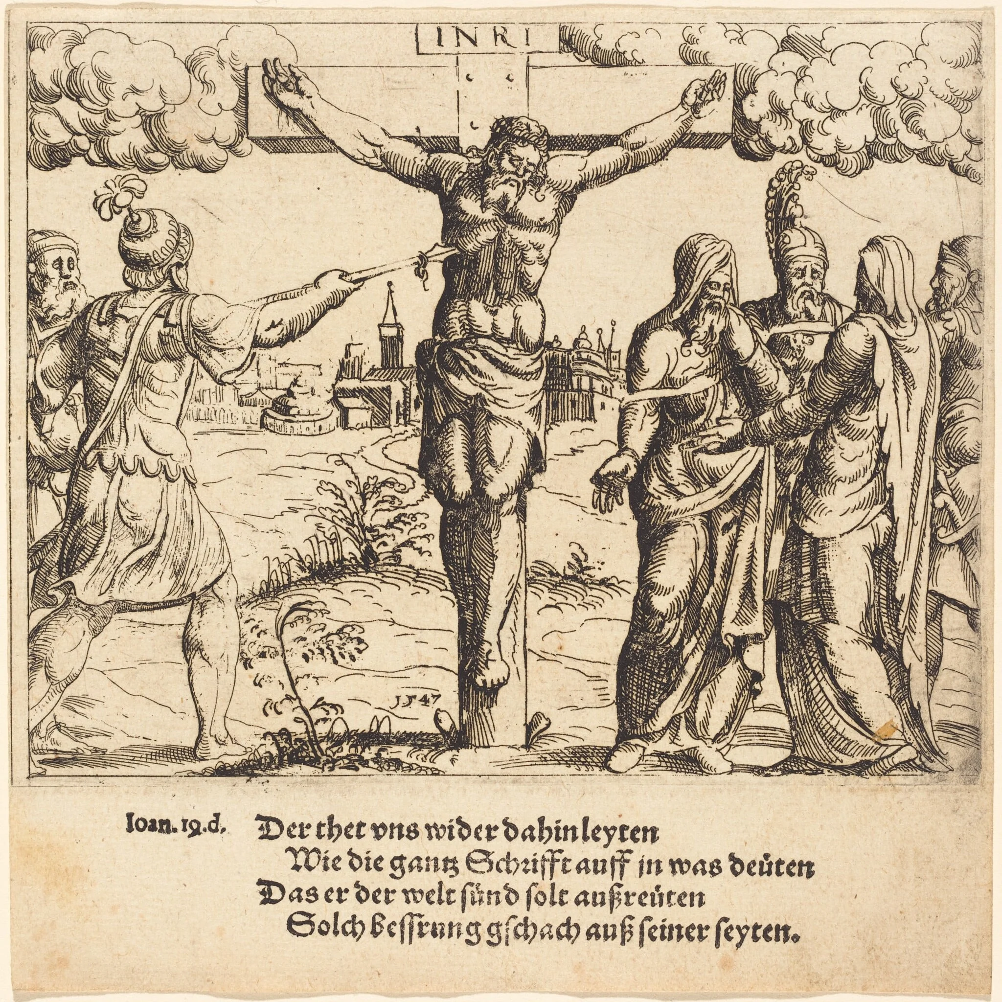 Christ is Pierced with the Lance, by Augustin Hirschvogel, ink, 1547