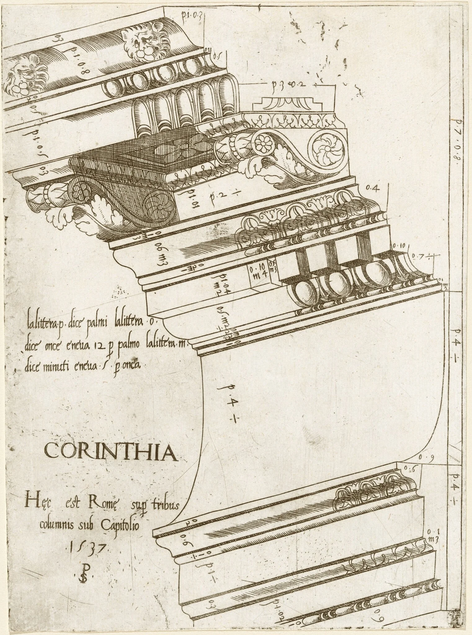 Entablature from the Temple of Vespasian, Rome, by Pseudo-Pier Francesco Fiorentino, ink, 1537