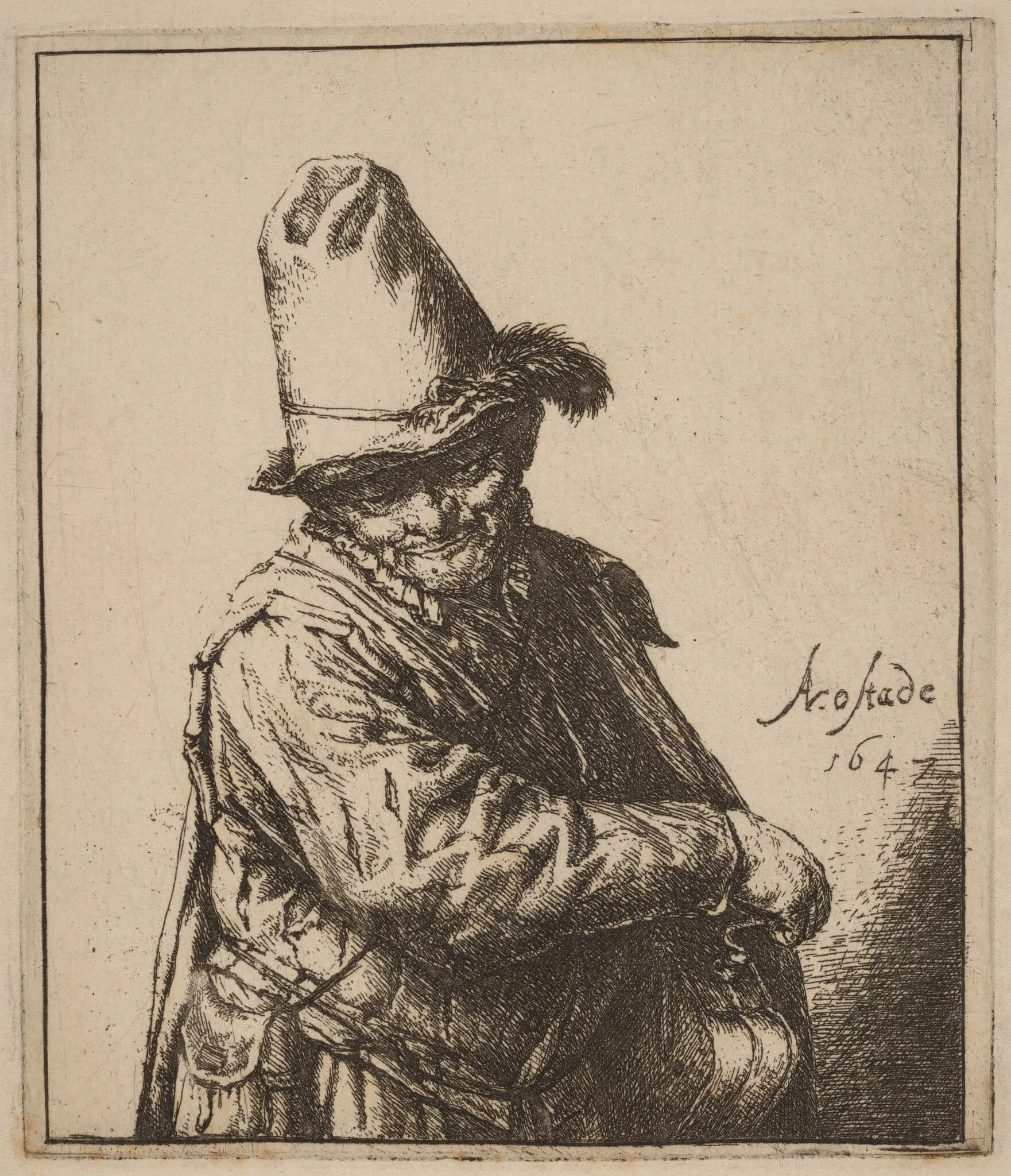 Hurdy-Gurdy Player in a Tall Hat, by Adriaen van Ostade, ink, 1647