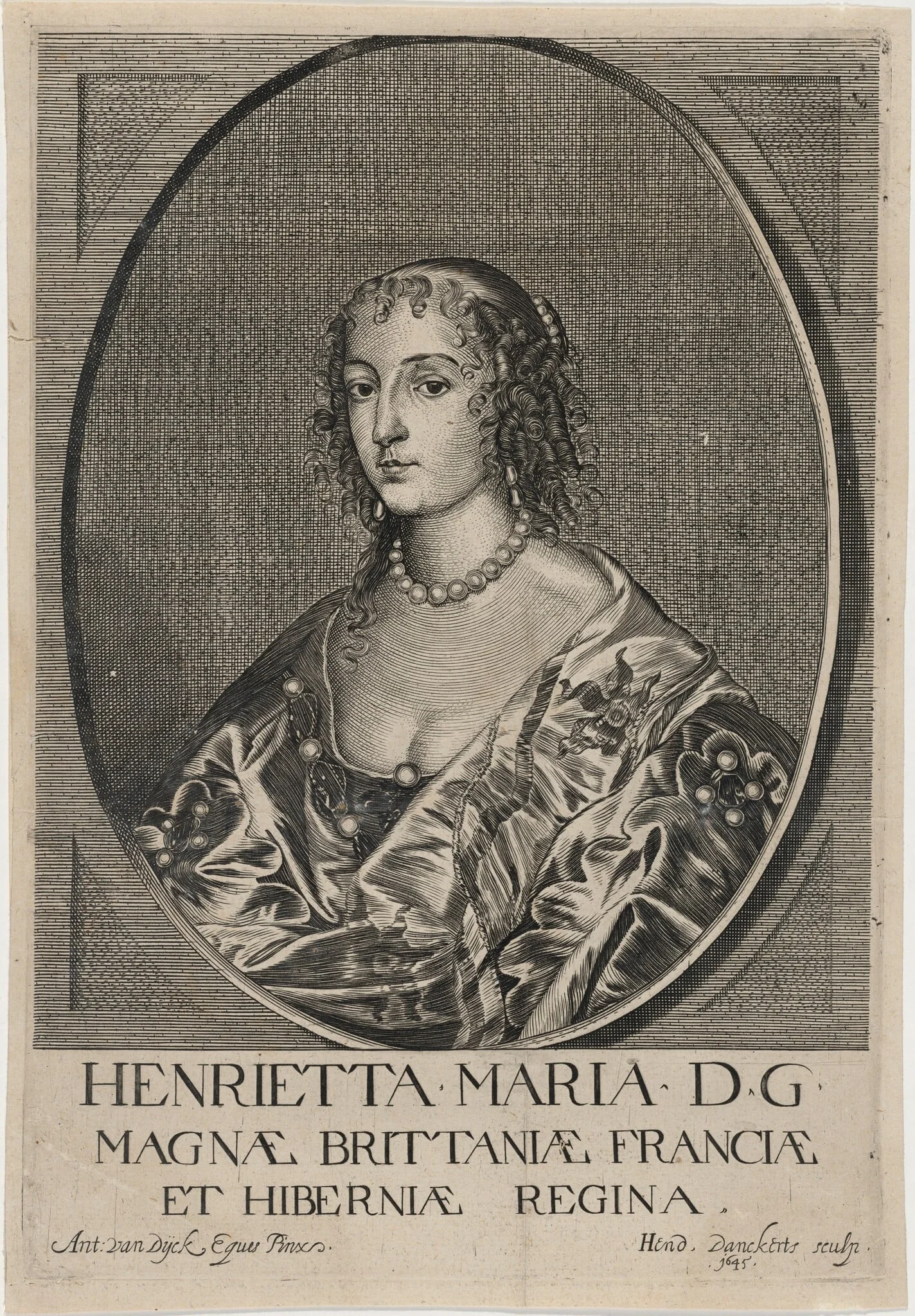 Henrietta Maria, Queen of Charles I, by Hendrik Danckerts, ink, 1652
