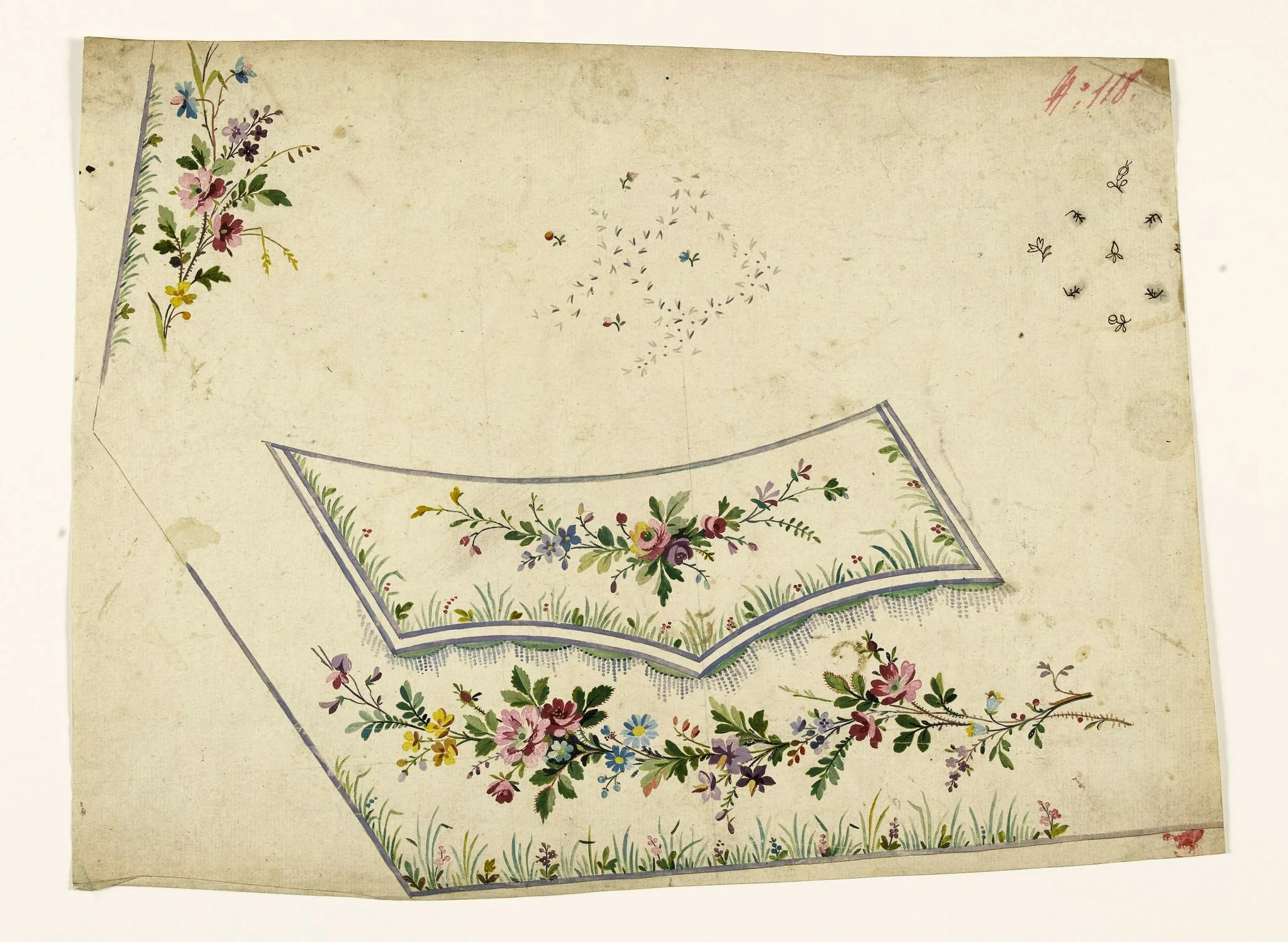 Guirlandes de fleurs et frise de franges perlées mauves, projets de broderies de gilet, XVIIIème siècle