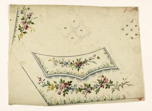 Guirlandes de fleurs et frise de franges perlées mauves, projets de broderies de gilet, XVIIIème siècle