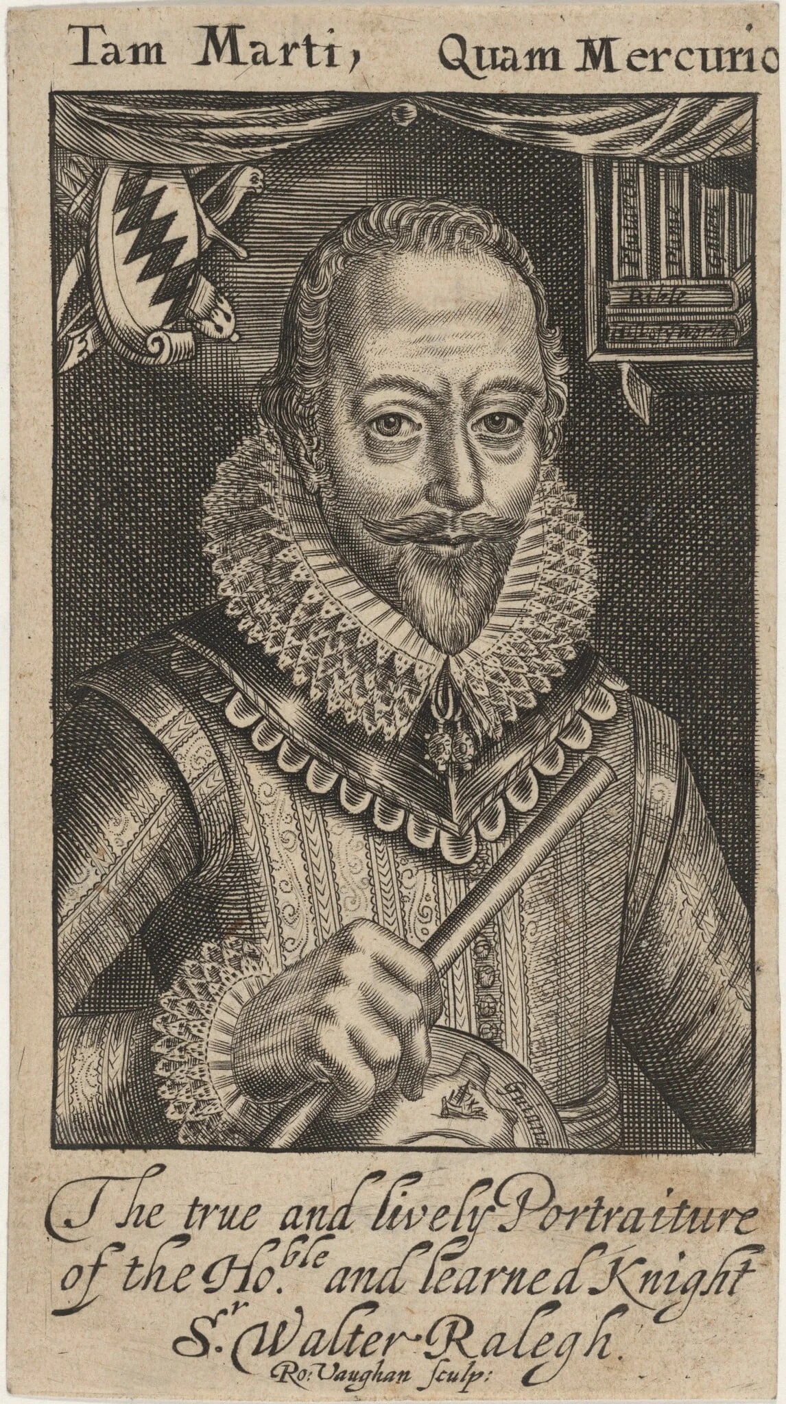 Sir Walter Raleigh, by Robert Vaughan, ink, 1650