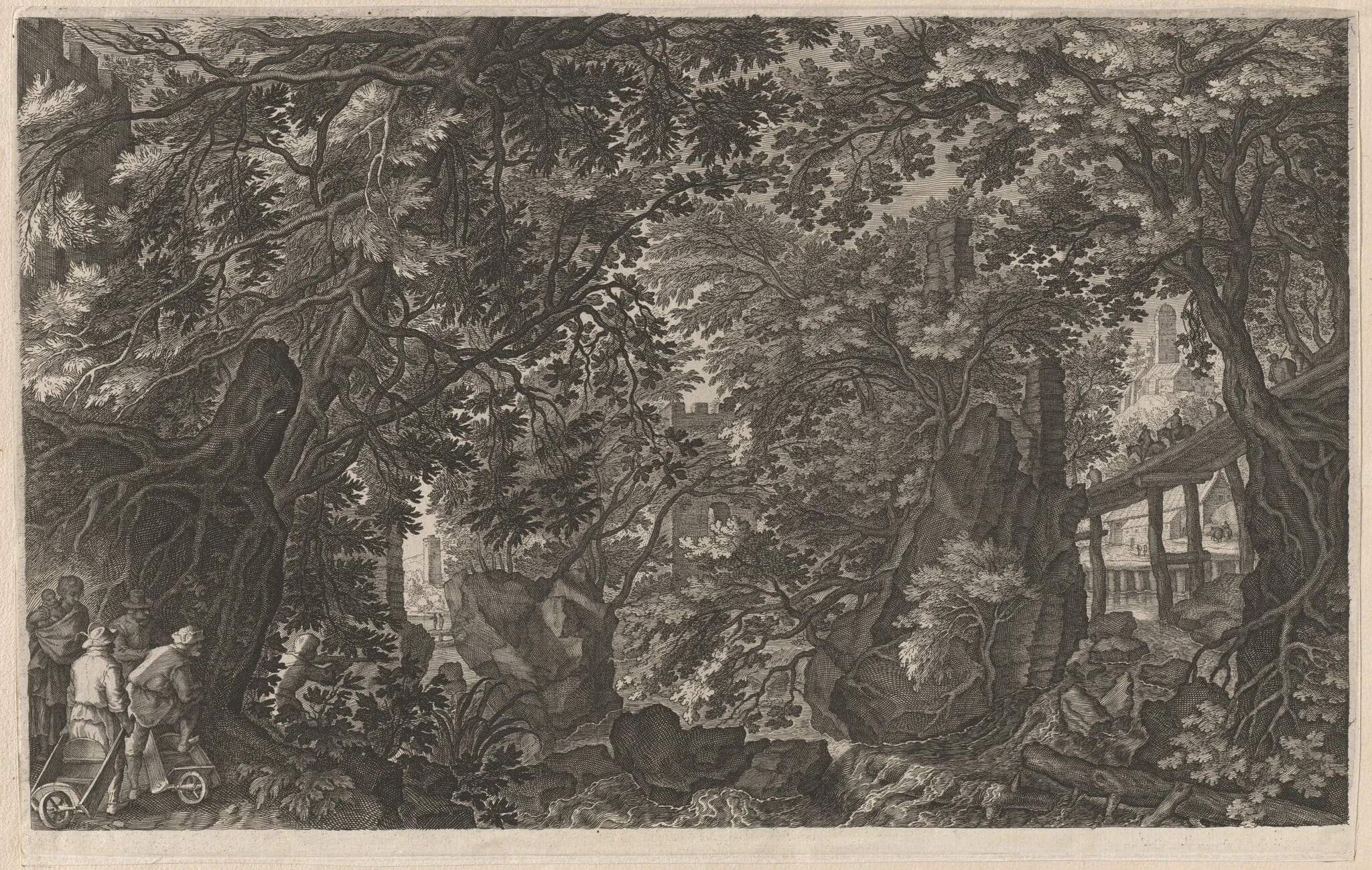 Hunters in a Forest near a Wooden Bridge, by Aegidius Sadeler II, ink, 1608