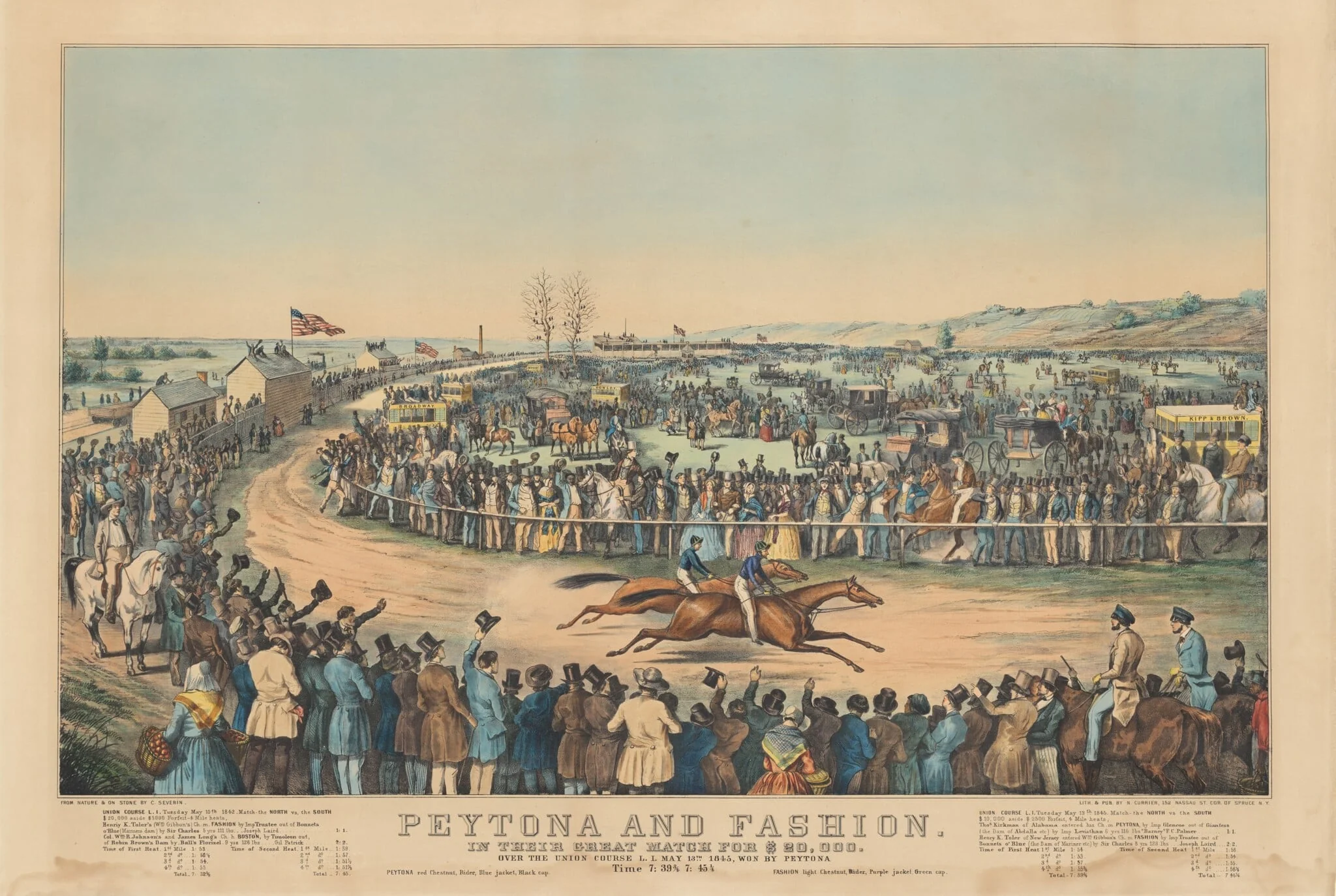 Peytona and Fashion: In Their Great Match for $20,000. Over the Union Course L.I. May 13th. 1845, Won by Peytona. Time 7:39 3/4, 7:45 1/4, by Charles Severin, ink, 1845