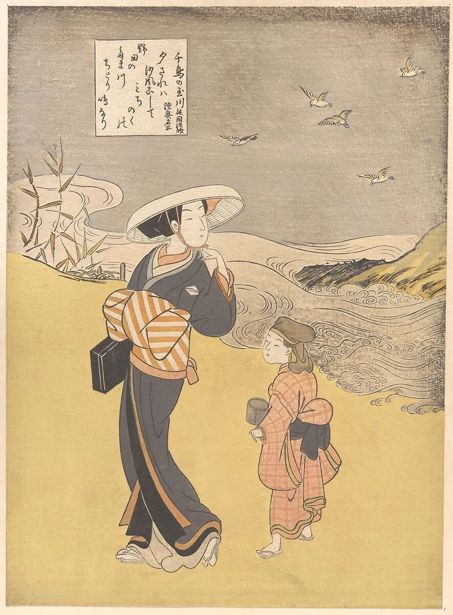 六玉川　「千鳥の玉川　陸奥名所」|“The Jewel River of Plovers, a Famous Place in Mutsu Province,” from the series Six Jewel Rivers (Mu Tamagawa: Chidori no Tamagawa, Mutsu meisho), by Suzuki Harunobu, ink, 1766