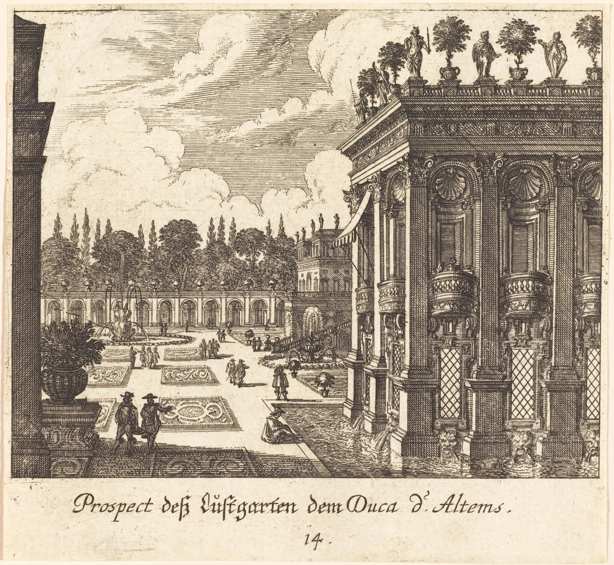 Gardens, Duke d'Altems, by Melchior Küsel, ink, 1681