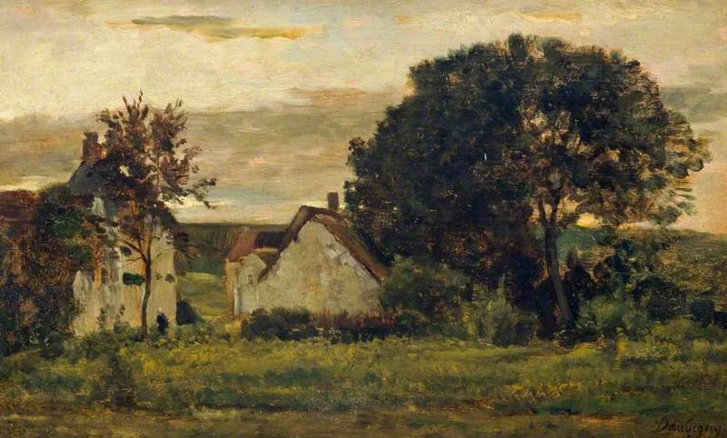 Cottages at Barbizon: Evening, by Charles François Daubigny, oil, 1847