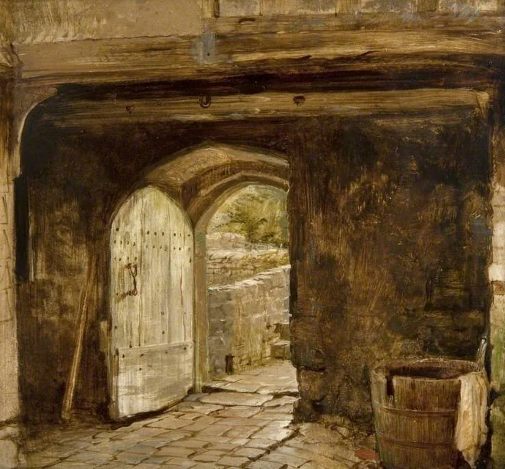 Sketch of a Doorway with a Water Barrel