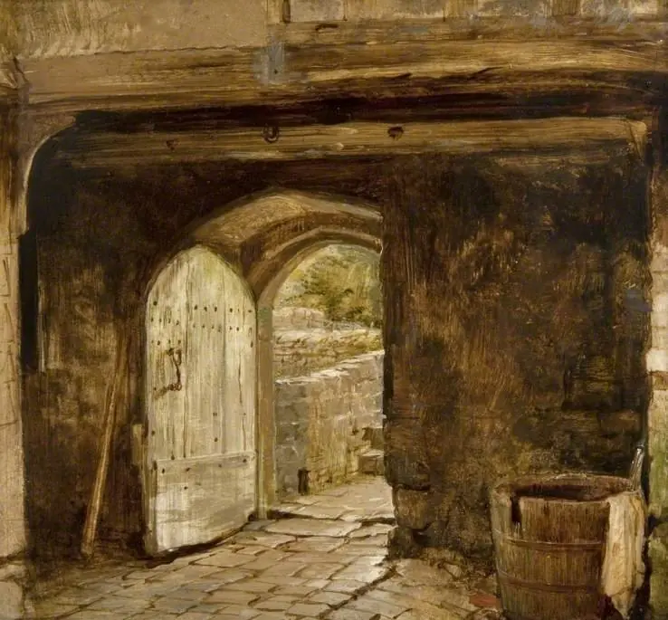 Sketch of a Doorway with a Water Barrel