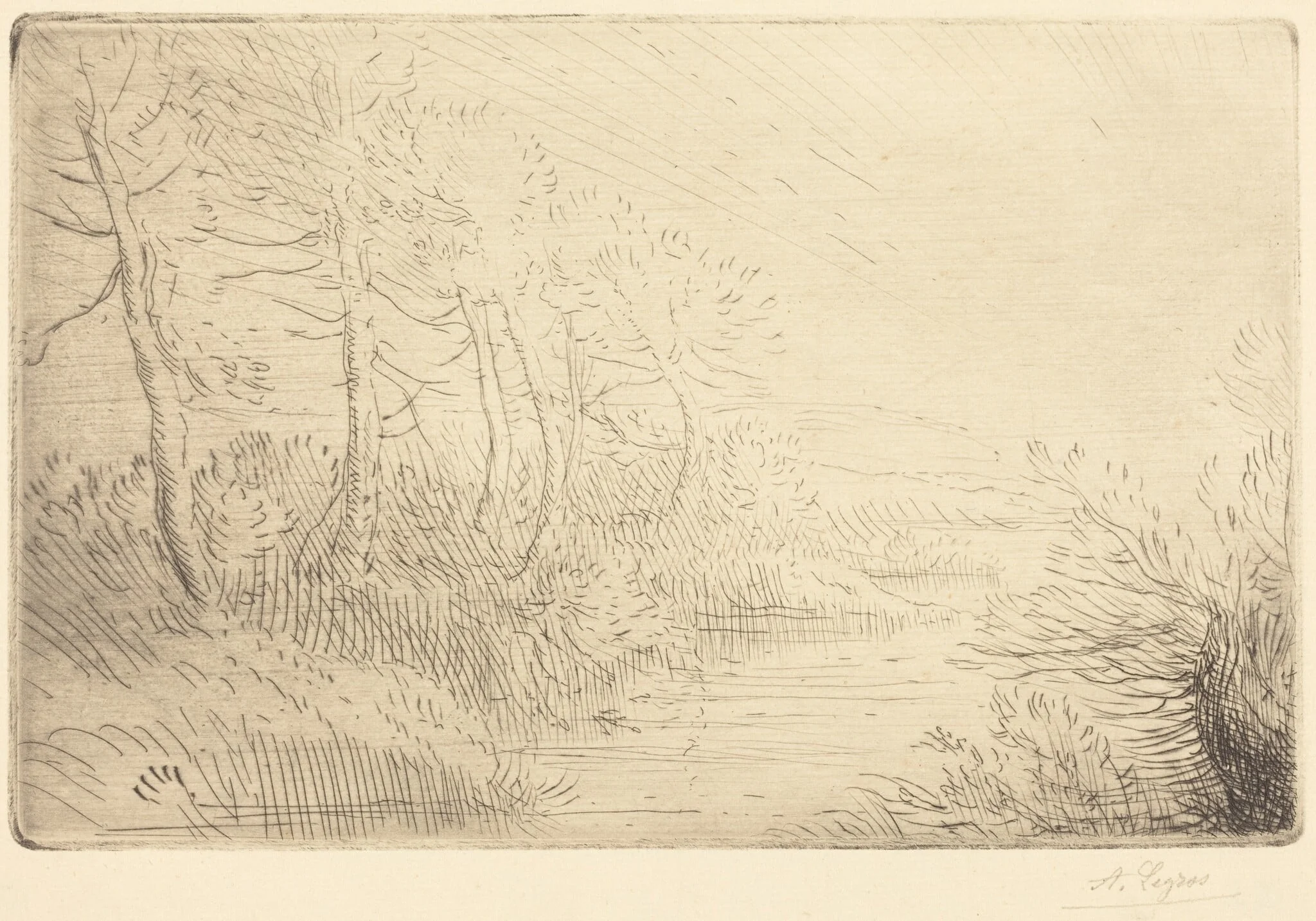 Riverbank (Bord de la riviere), by Alphonse Legros, ink, 1874
