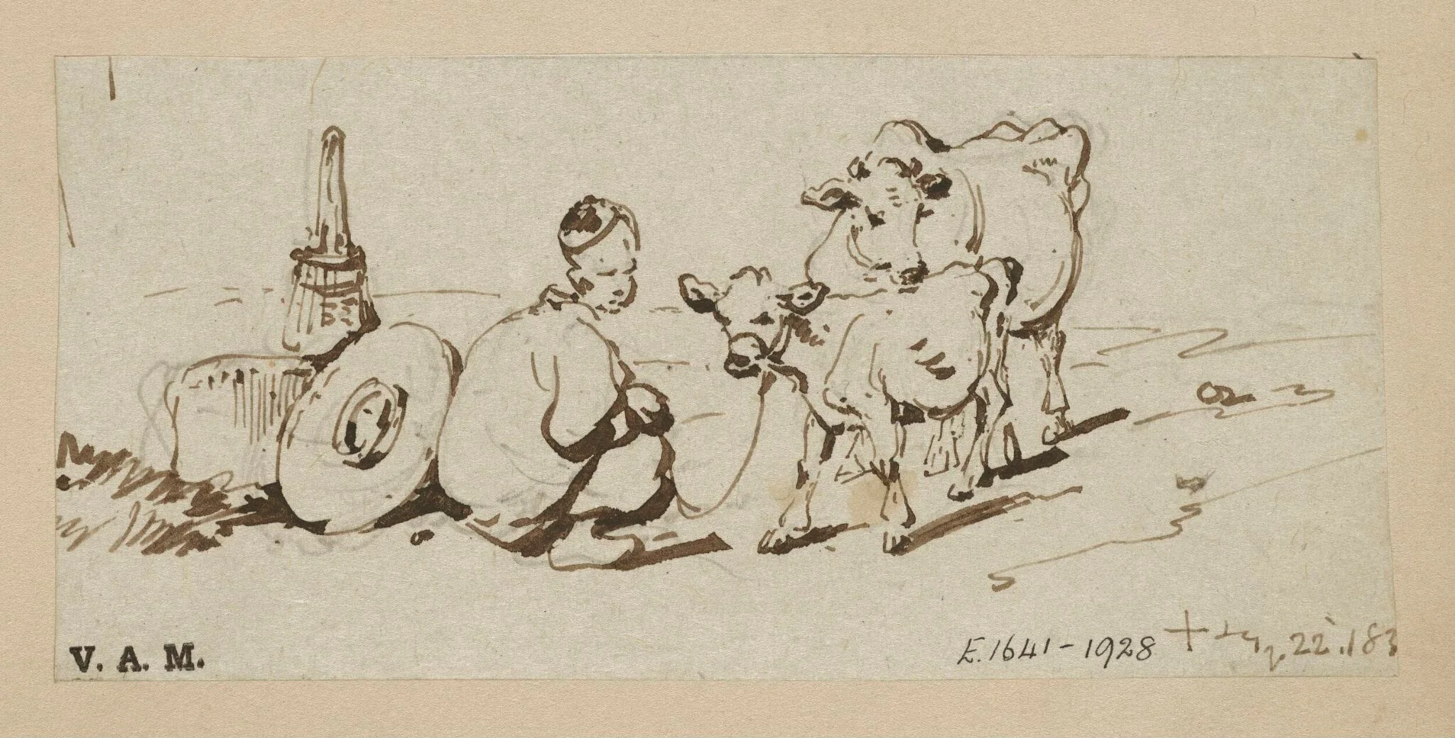 A crouching Chinese figure by a tethered calf and cow, by George Chinnery, 1