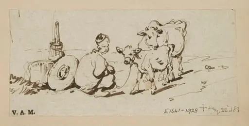 A crouching Chinese figure by a tethered calf and cow