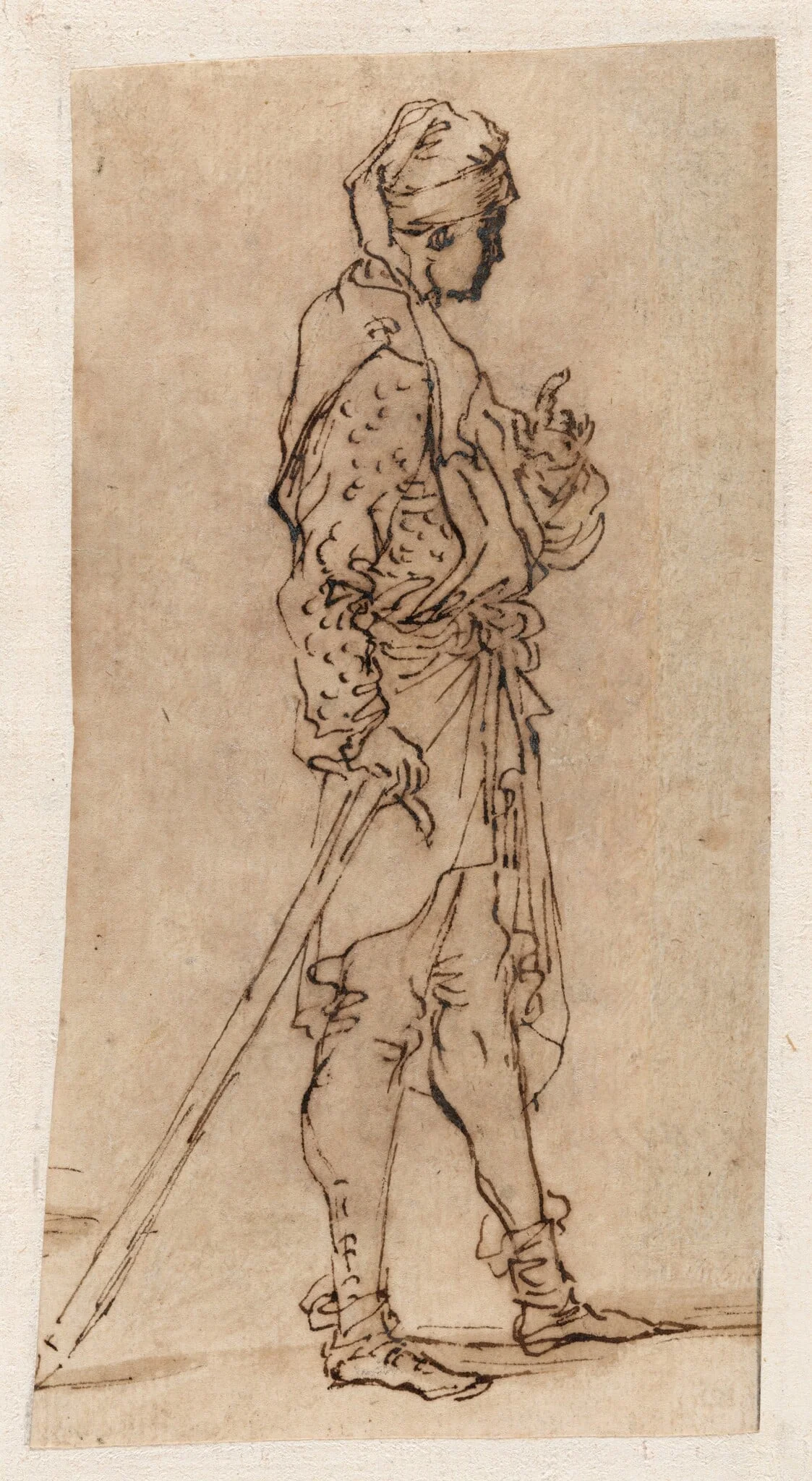 A Standing Man Leaning on a Stick, by Salvator Rosa, ink, 1662