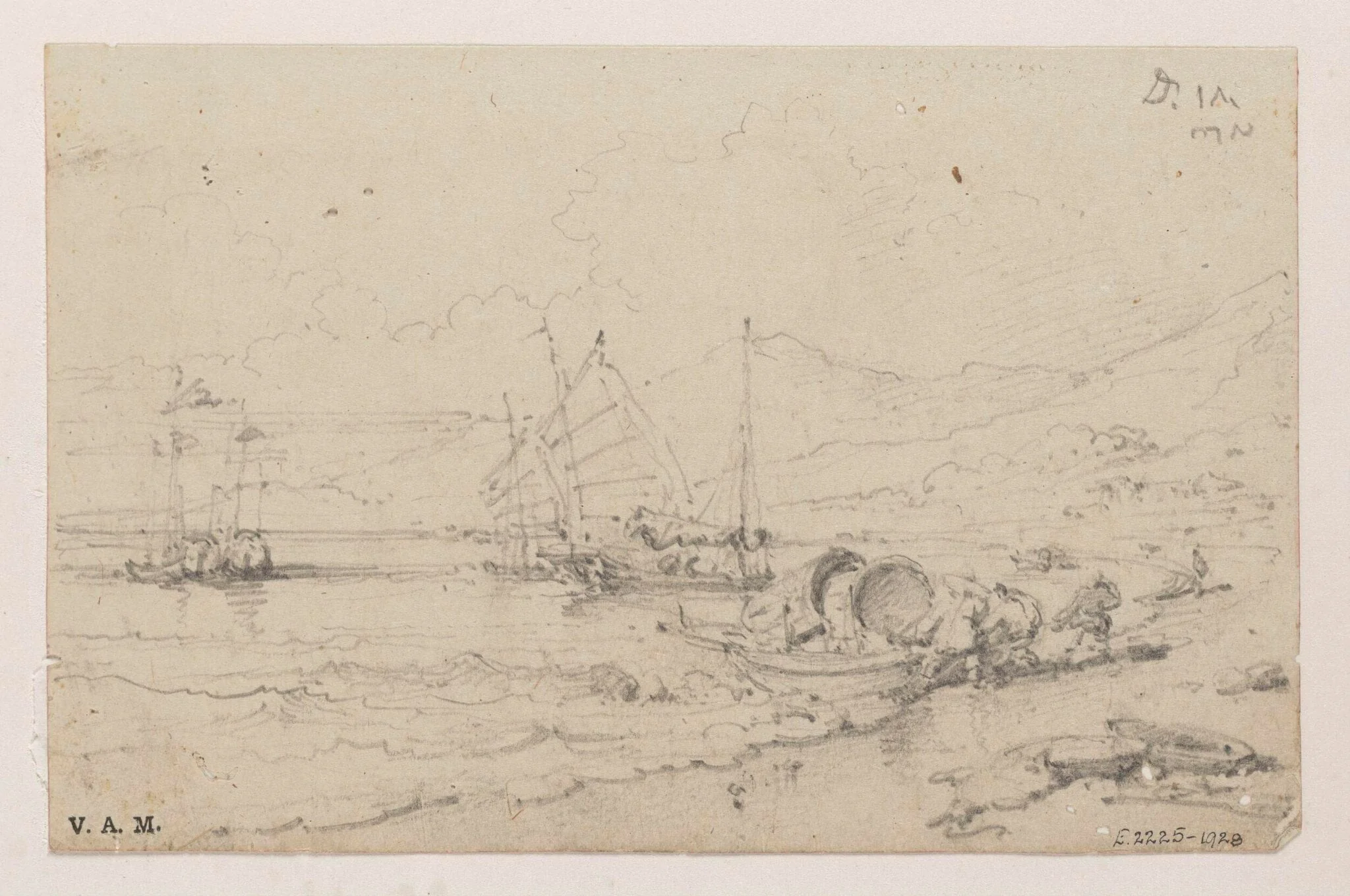 A drawing of the Praya Grande, Macau, with figures beaching a Tanka boat and other craft in the bay