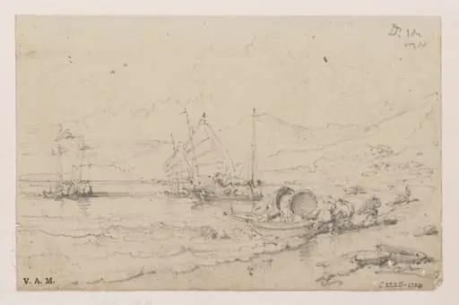 A drawing of the Praya Grande, Macau, with figures beaching a Tanka boat and other craft in the bay
