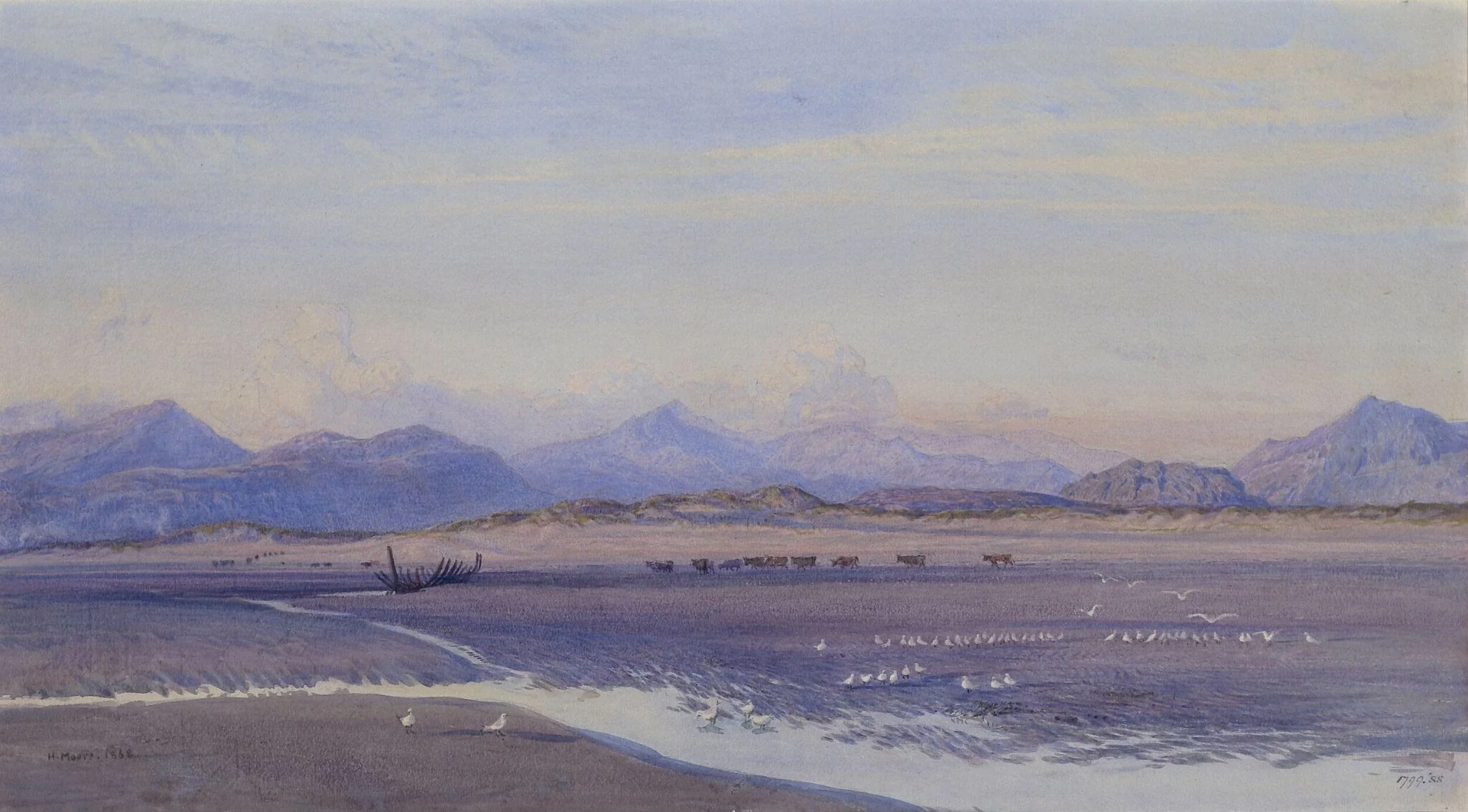 Port Madoc, North Wales : Sunset Effect, by Henry R.A., R.W.S. Moore, watercolor, 1868