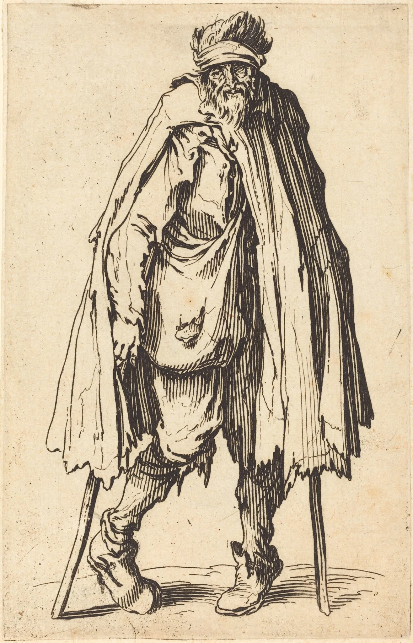 Beggar with Crutches and Sack, by Jacques Callot, ink, 1622