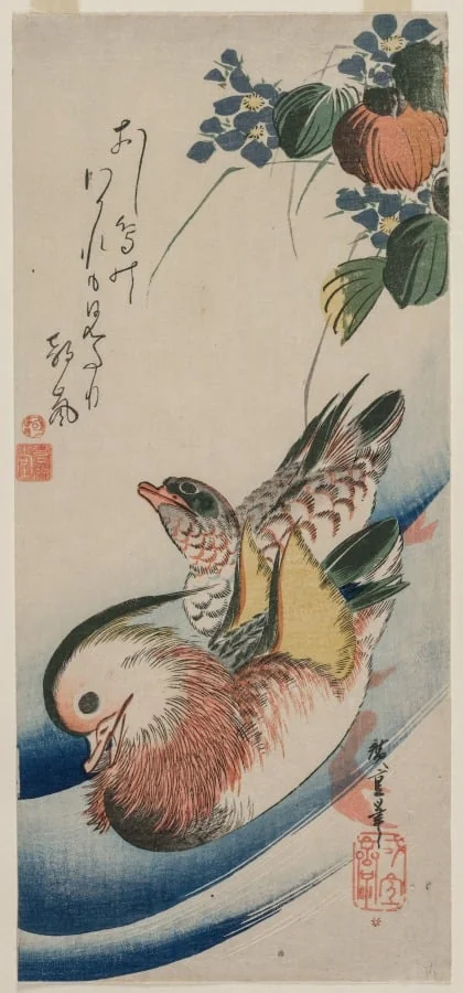 Mandarin Ducks and Flowering Plants, by Utagawa Hiroshige, 1834