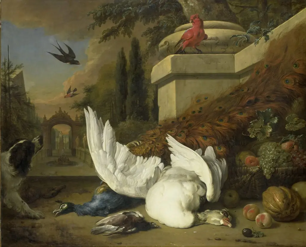 A monkey and a dog beside dead game and fruits, with the estate of Rijxdorp near Wassenaar in the background