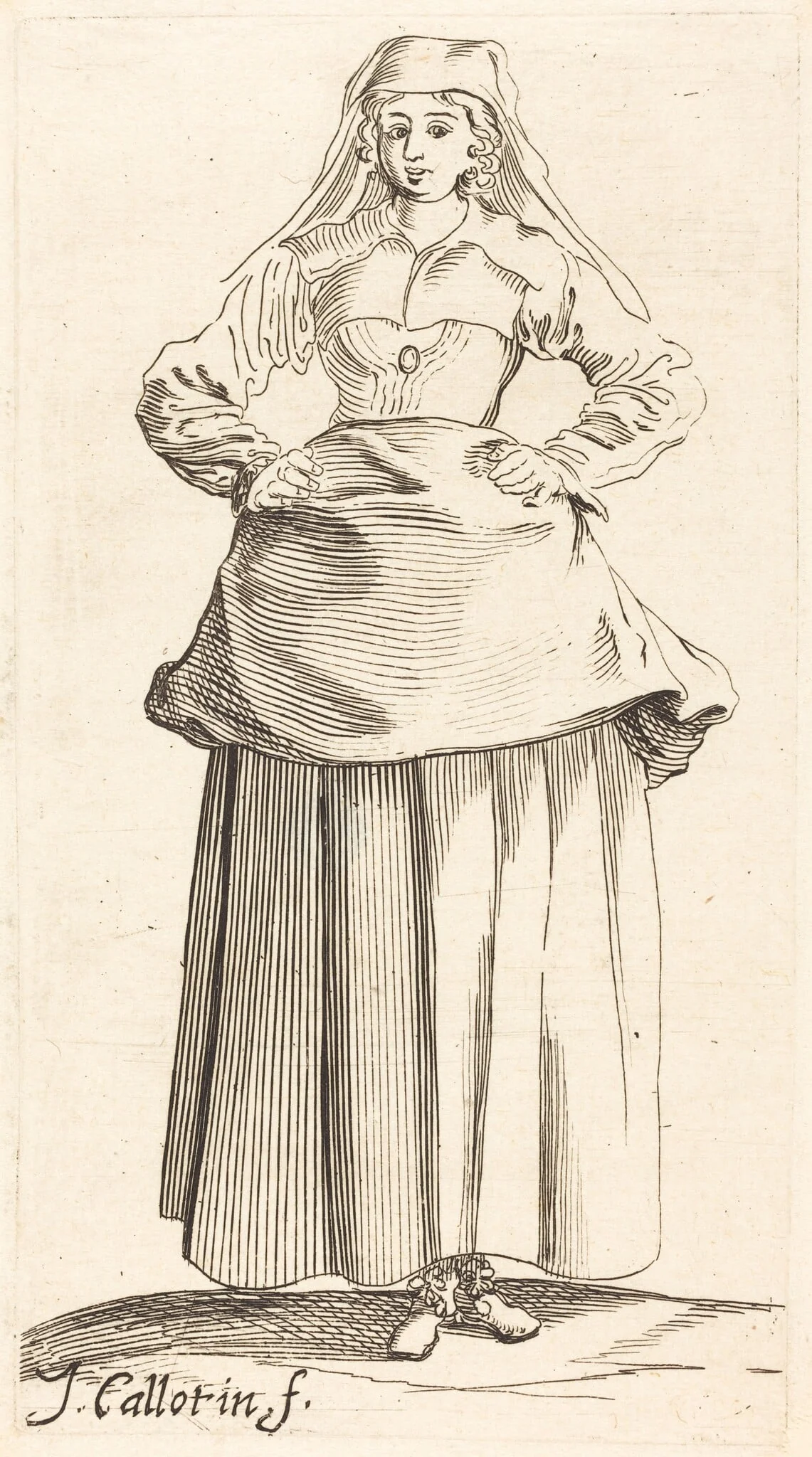 Young Woman with Hands on Hips, Front View, by Israel Henriet, ink, 1626