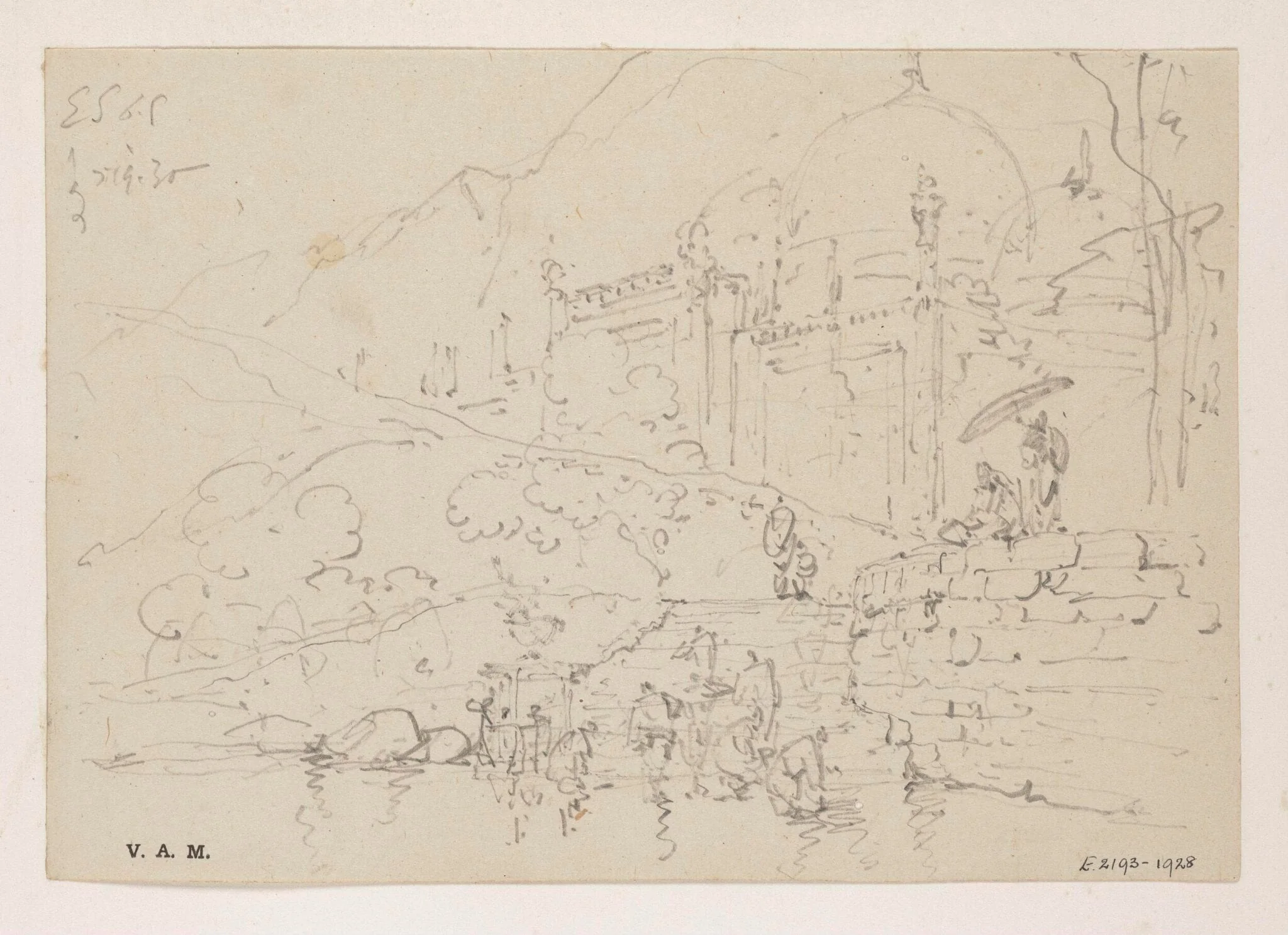 A domed tomb in India, with steps leading down to water, by George Chinnery, 12