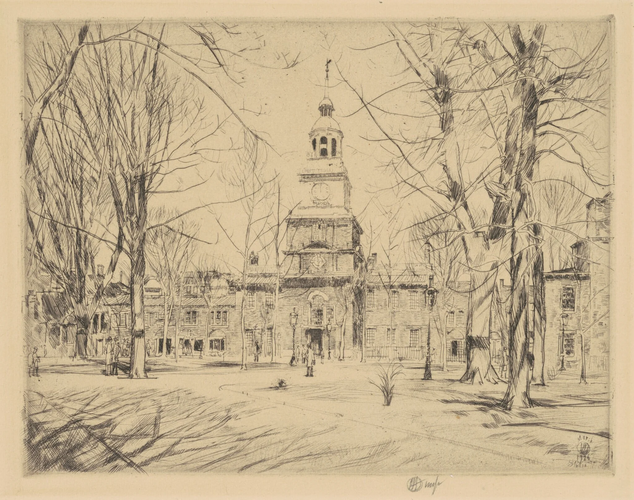 Independence Hall, by Childe Hassam, ink, 1926
