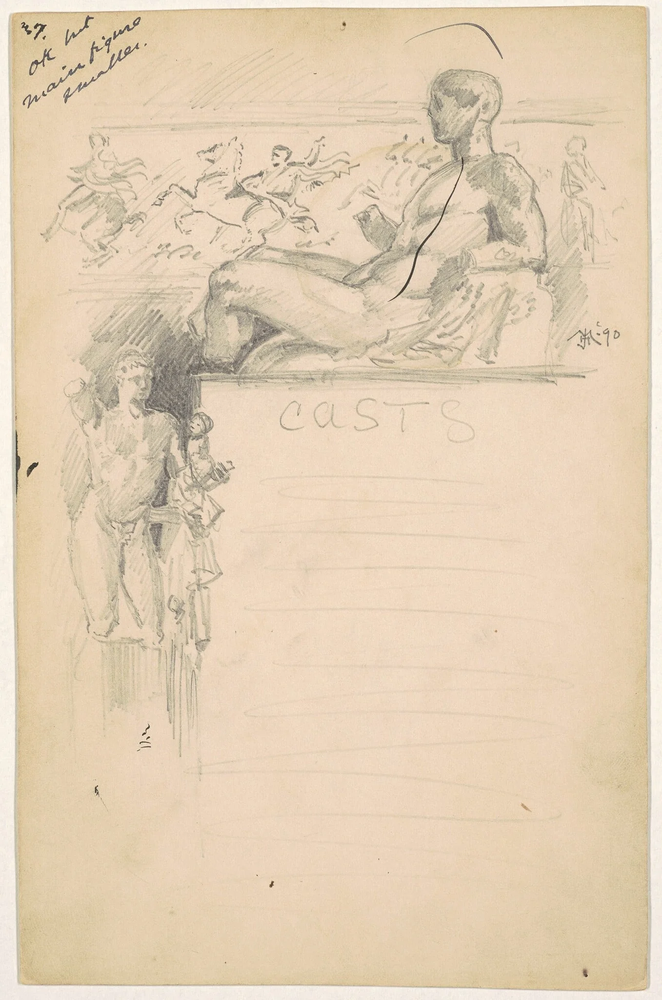 Study for "Casts from Antique Sculpture: The Parthenon", by James Henry Moser, ink, 1890