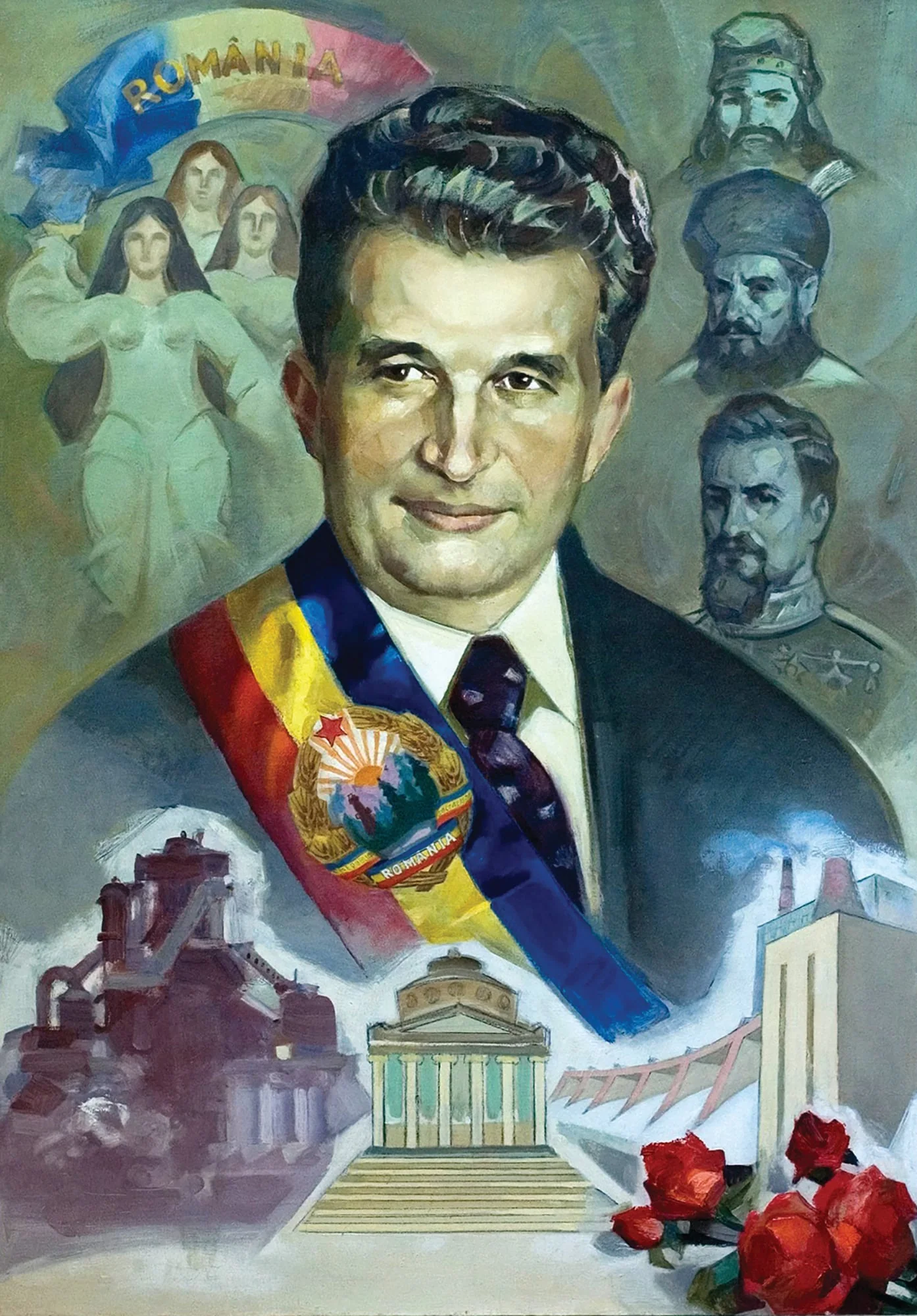 Portret Nicolae Ceaușescu, tablou nesemnat. Comadat de Ministerul de Interne, 1985. Autorul îl prezintă -pe Nicolae Ceaușescu alături de Burebista, Mihai Viteazul și Alexandru Ioan Cuza. În partea de jos a tabloului sunt prezentate alături de Atheneul Român realizările economice ale socialismului., by Unknown, 1850